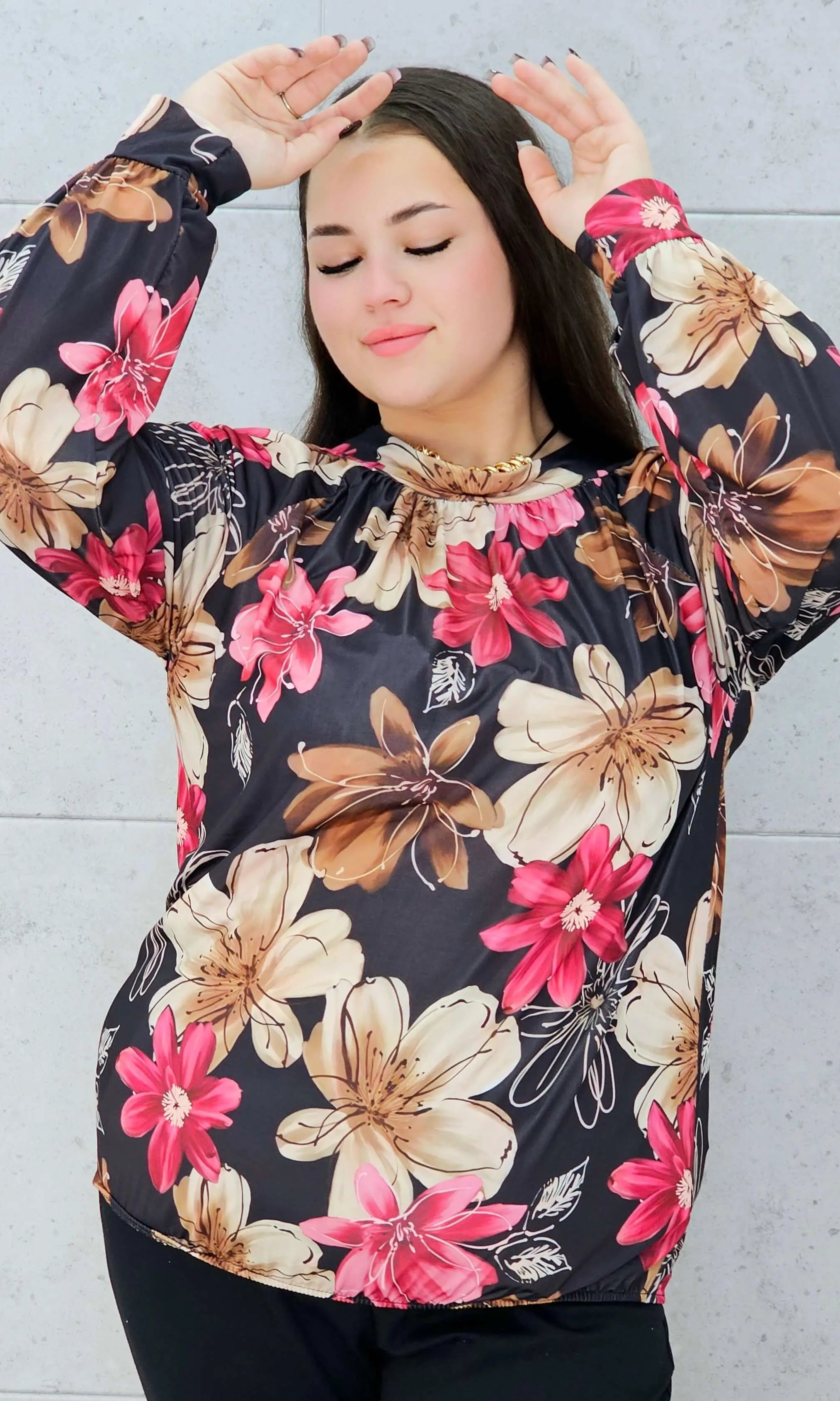 bluzka w kwiaty różowo-brązowa plus size Stylowa XL