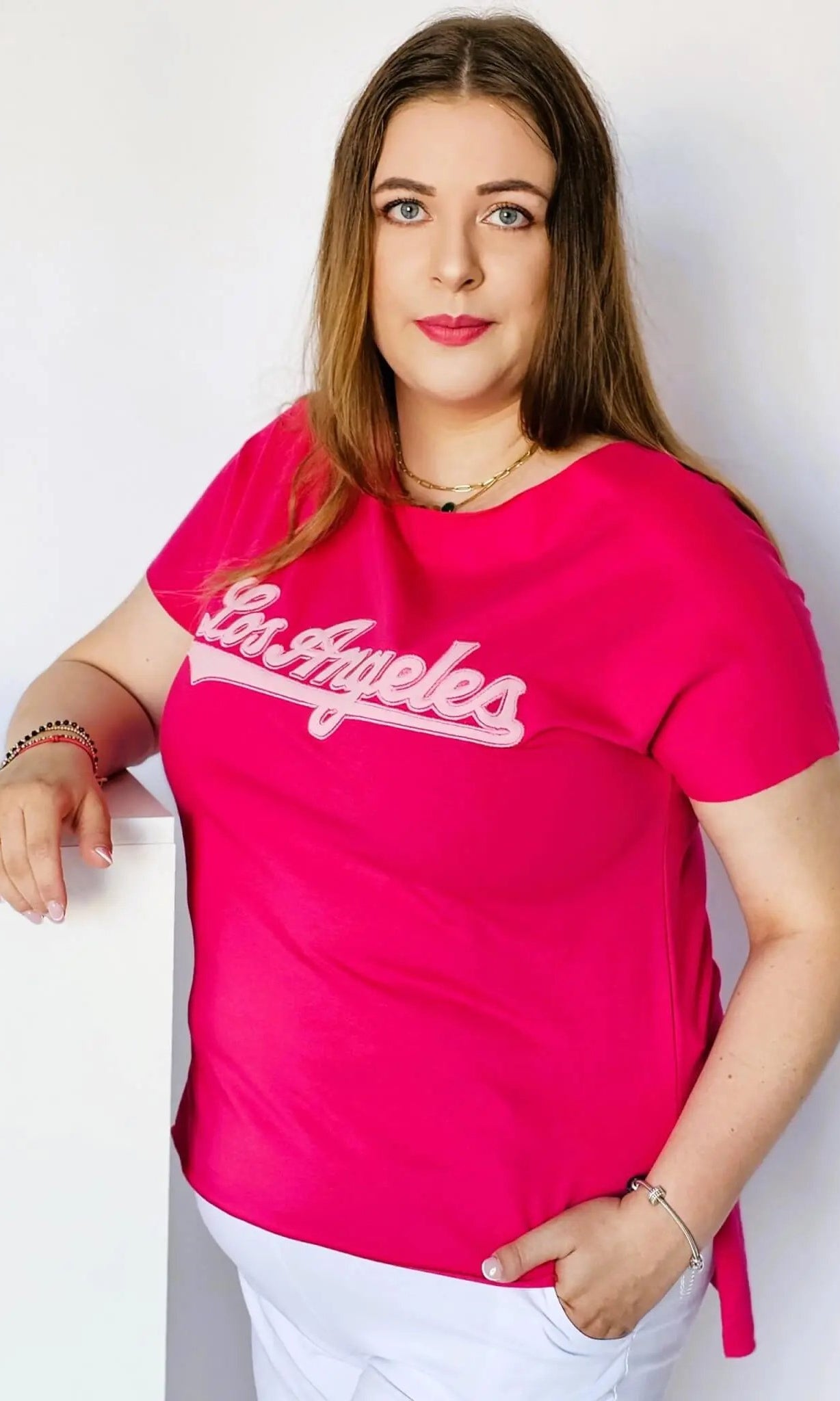 Bluzka z napisem haftowanym - fuksja Stylowa XL