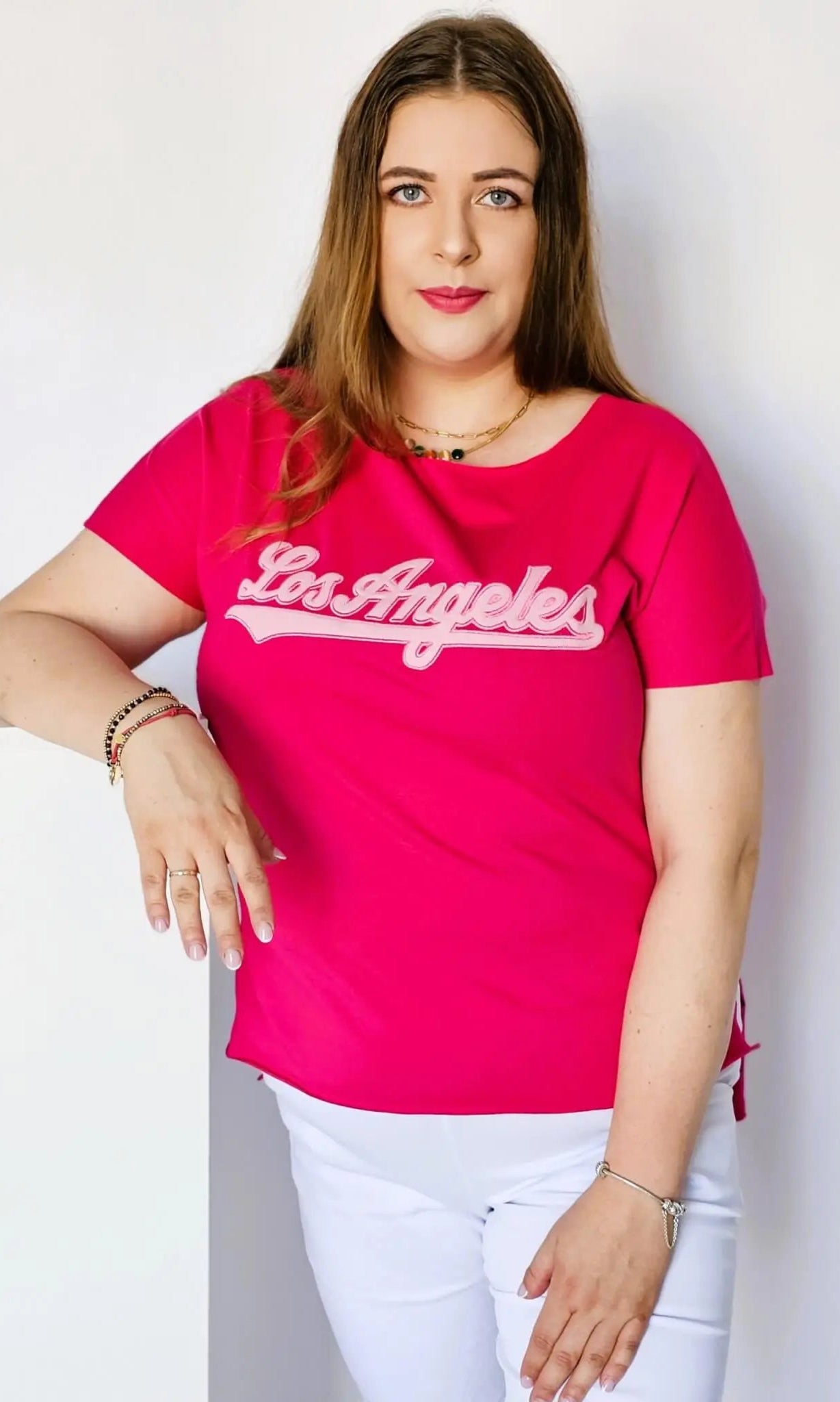 Bluzka z napisem haftowanym - fuksja Stylowa XL