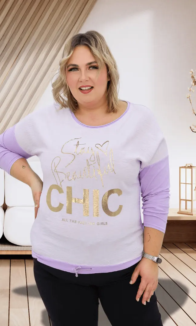 Bluzka z napisem - liliowy Stylowa XL