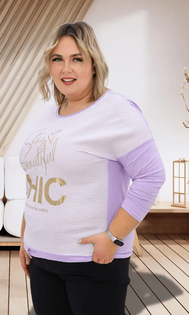 Bluzka z napisem - liliowy Stylowa XL