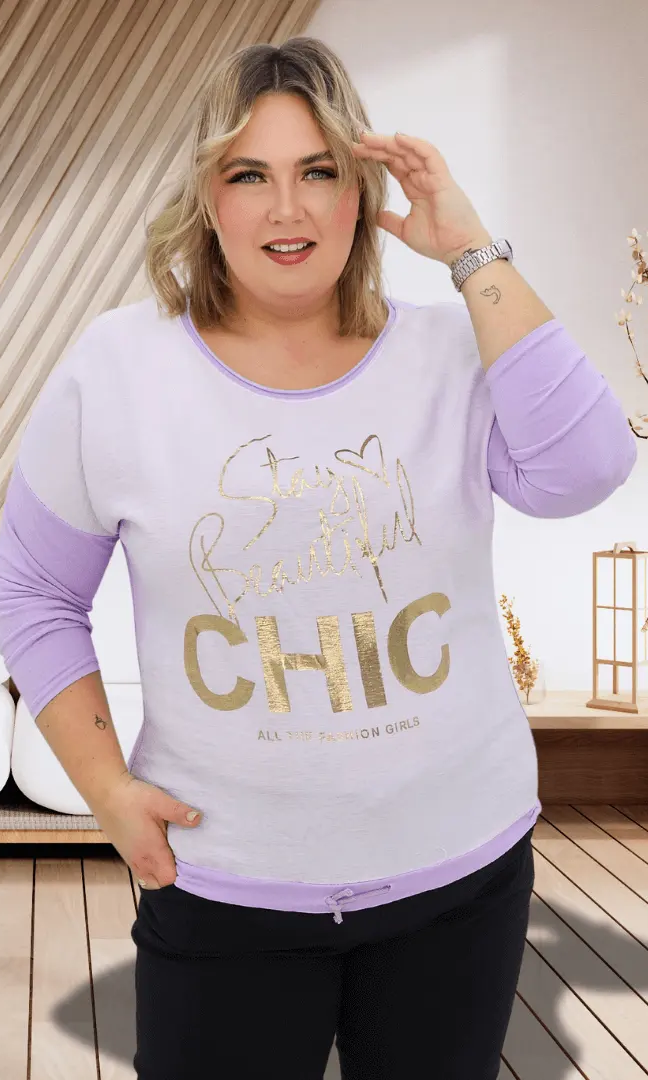 Bluzka z napisem - liliowy Stylowa XL
