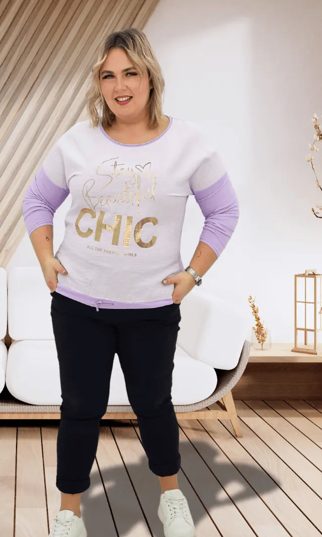 Bluzka z napisem - liliowy Stylowa XL