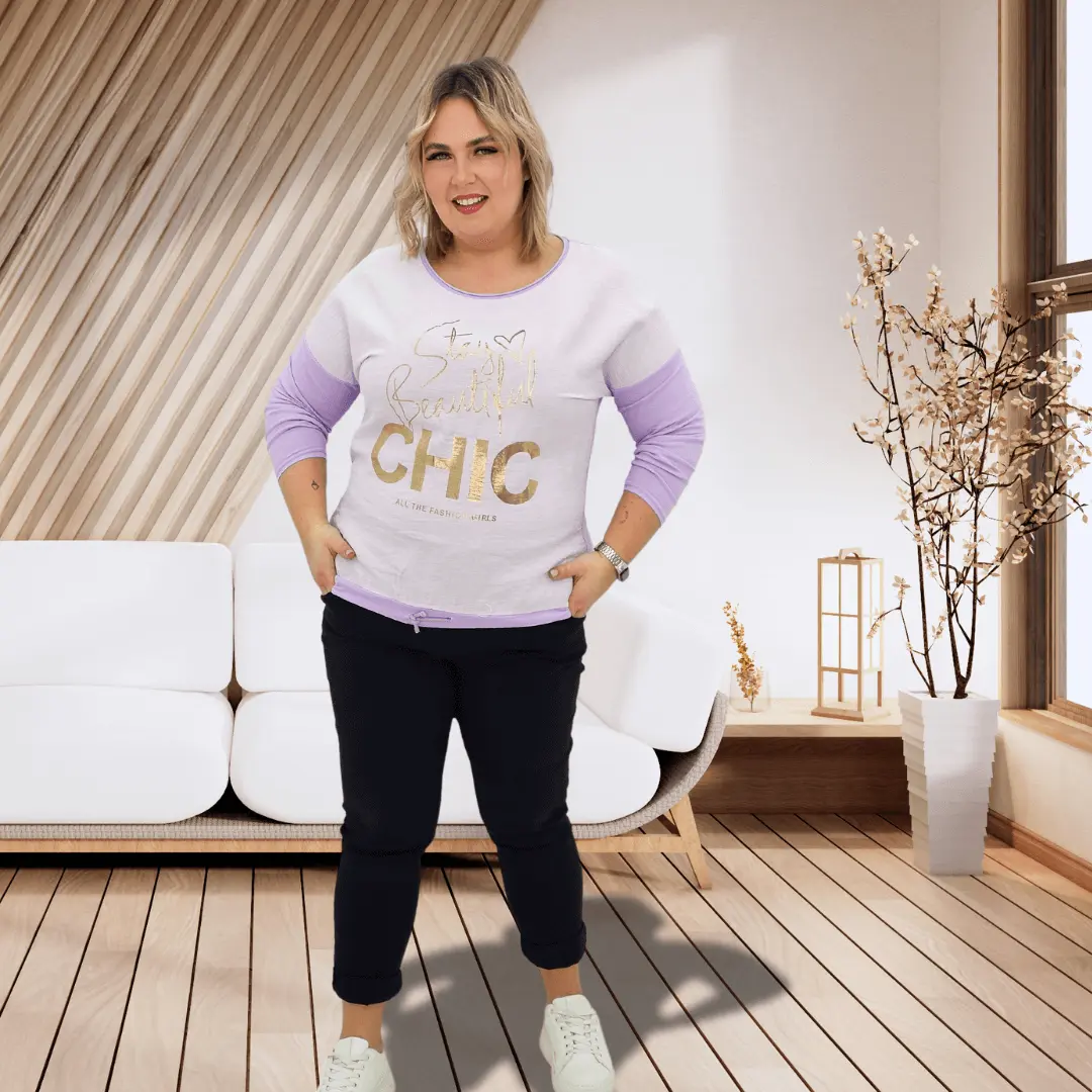 Bluzka z napisem - liliowy Stylowa XL