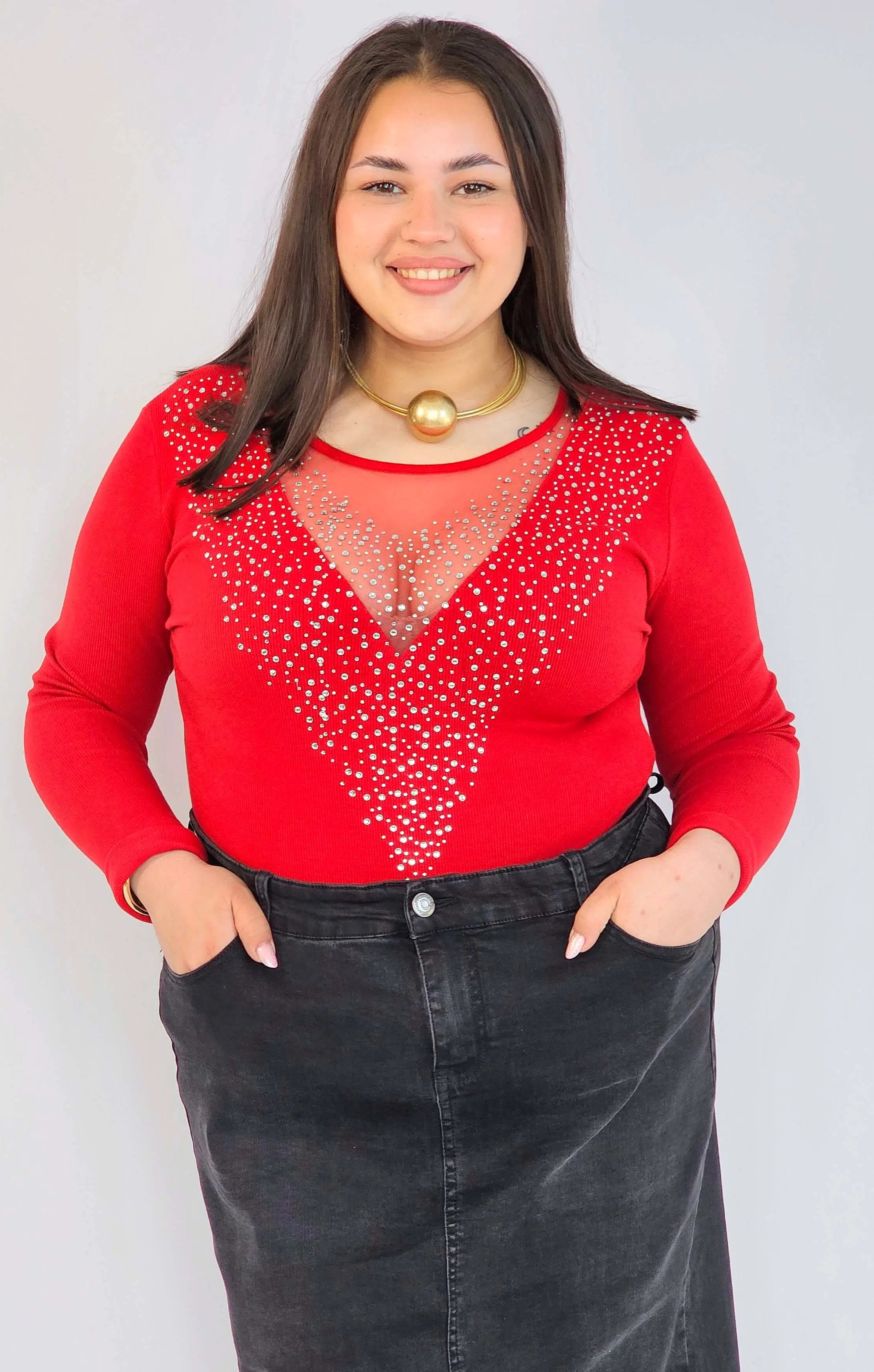 Body plus size – czerwone body damskie XXL z siateczką i zdobieniem Stylowa XL