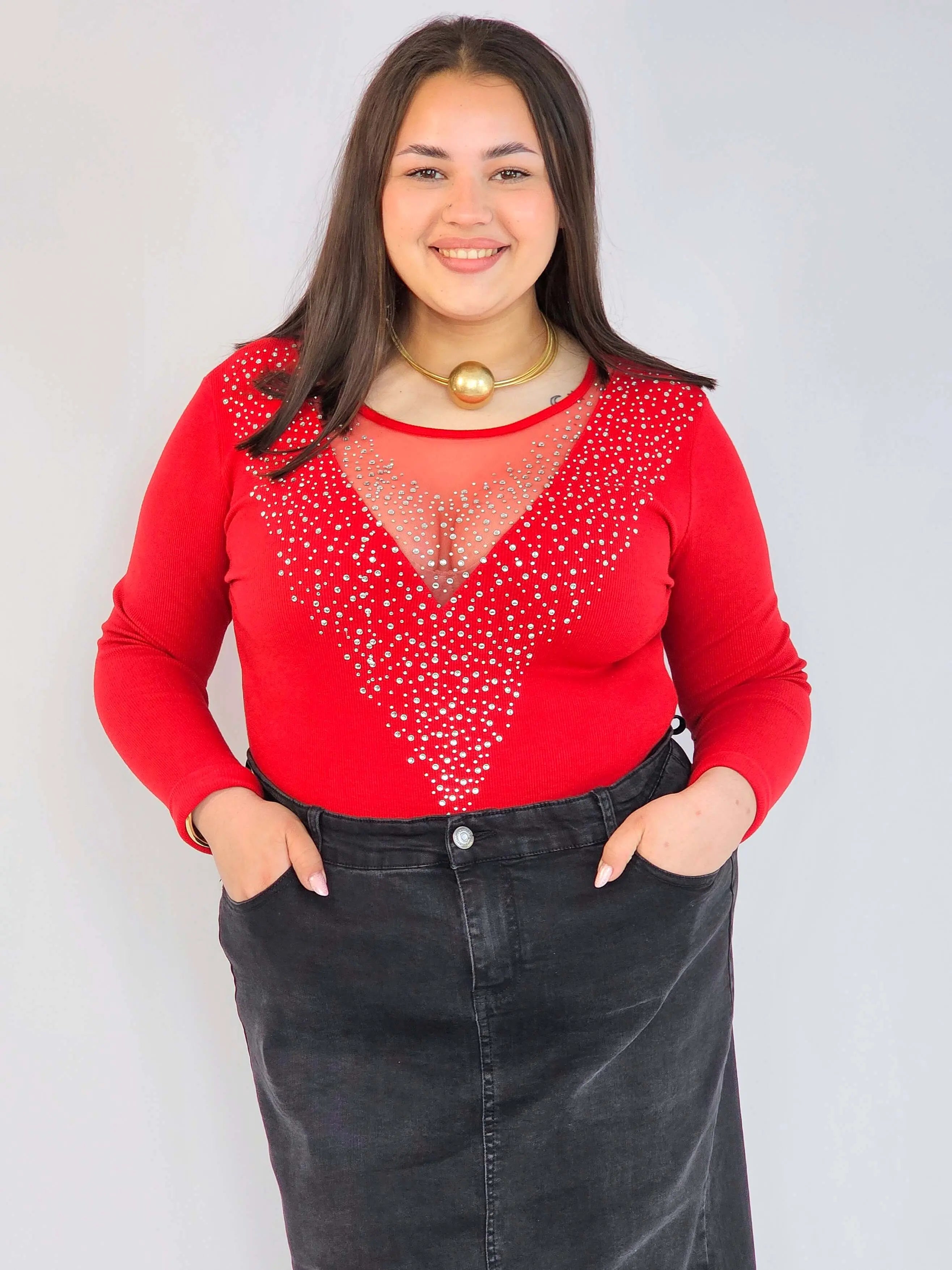 Body plus size – czerwone body damskie XXL z siateczką i zdobieniem Stylowa XL
