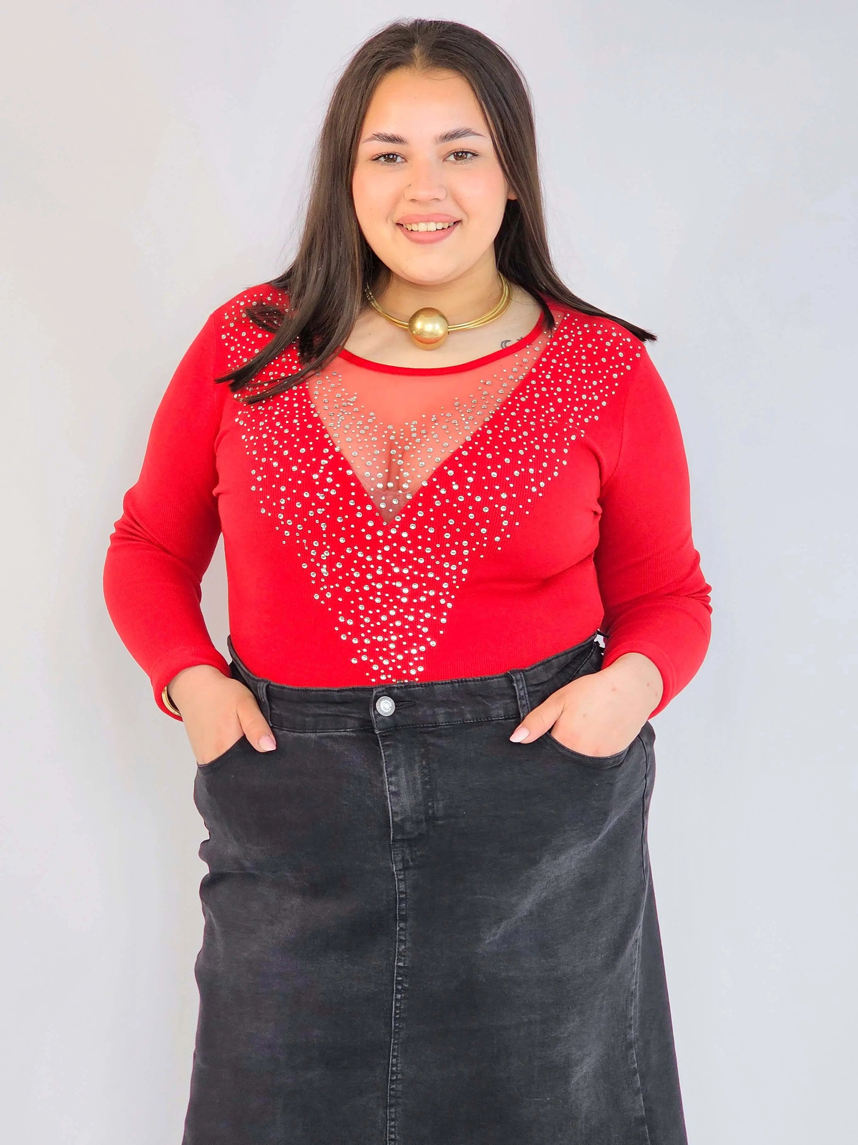 Body plus size – czerwone body damskie XXL z siateczką i zdobieniem Stylowa XL