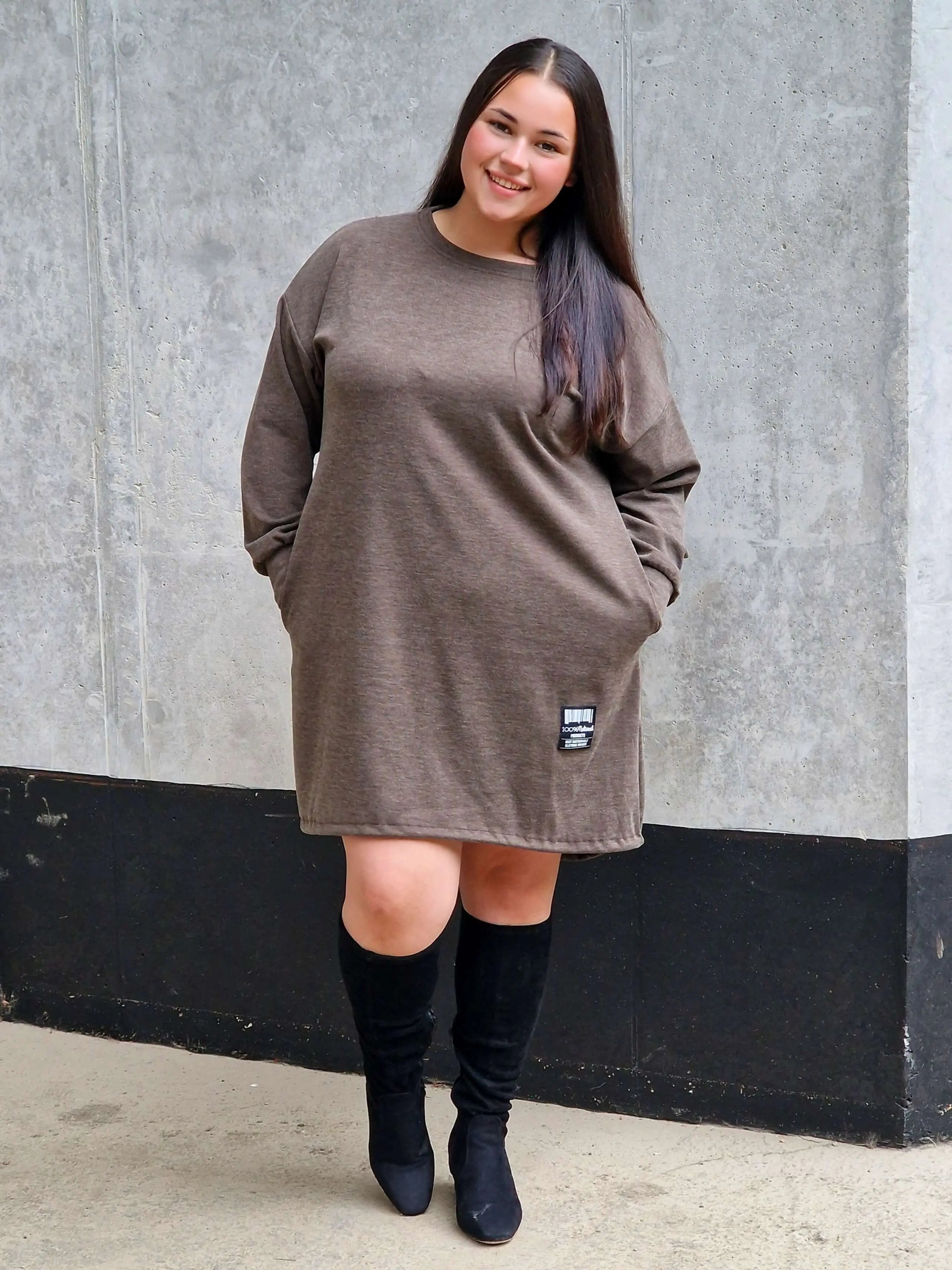 Brązowa tunika oversize z długim rękawem, dołem ściągacz Stylowa XL