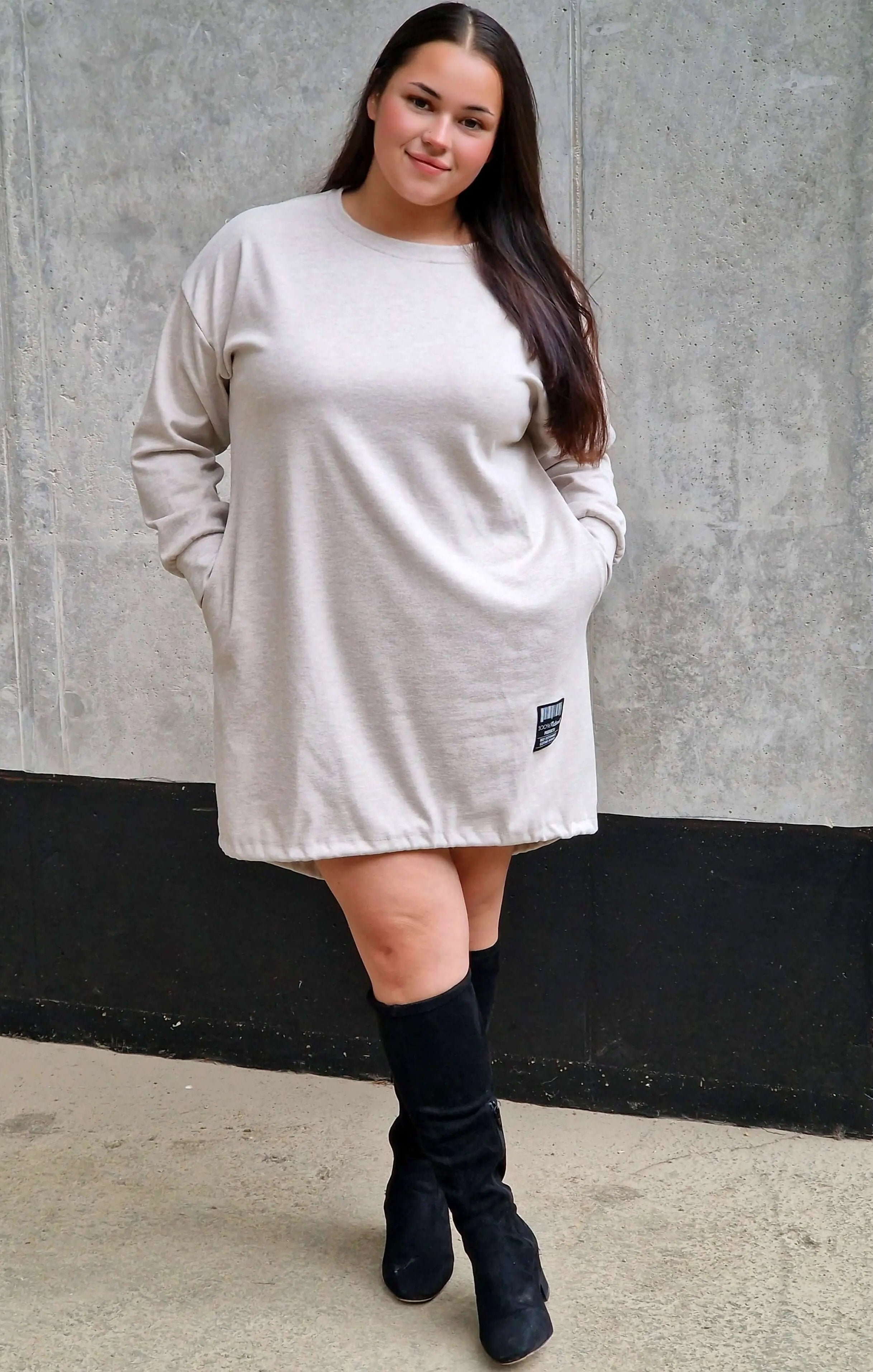 Brązowa tunika oversize z długim rękawem, dołem ściągacz Stylowa XL