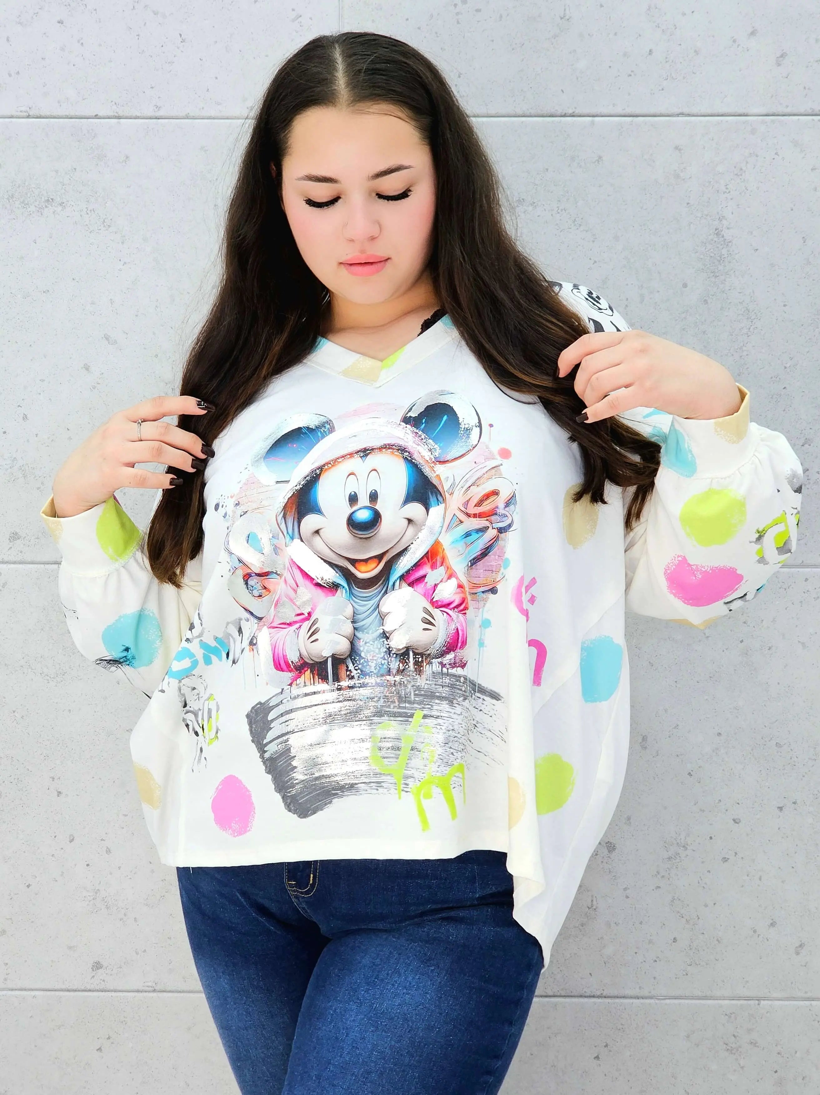 Damska bluzka oversize z nadrukiem- miki w kapturze Stylowa XL