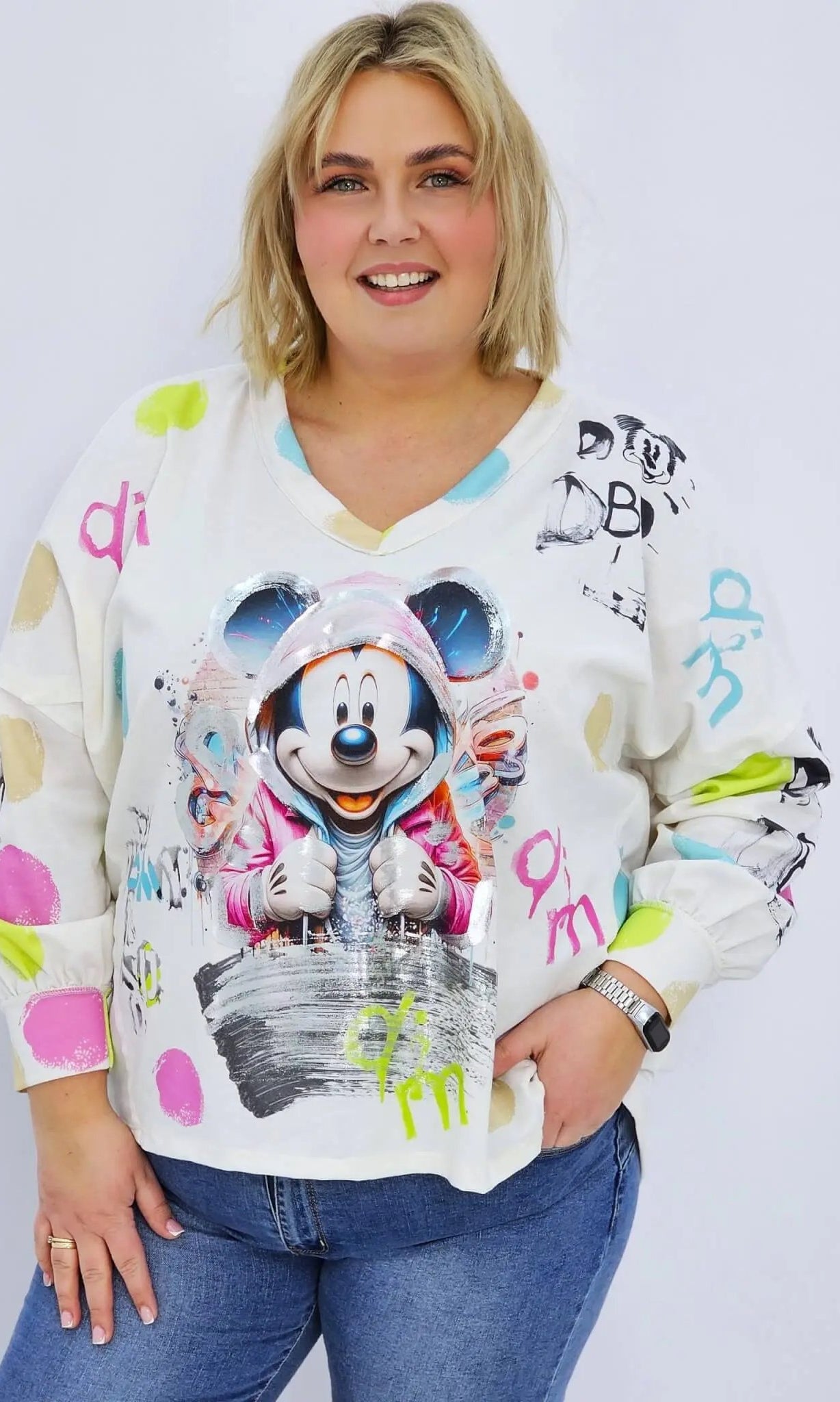 Damska bluzka oversize z nadrukiem- miki w kapturze Stylowa XL