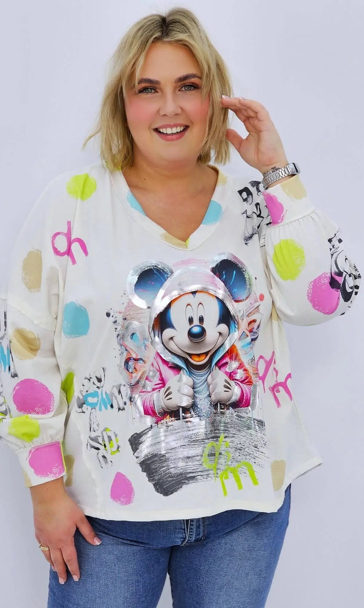 Damska bluzka oversize z nadrukiem- miki w kapturze Stylowa XL