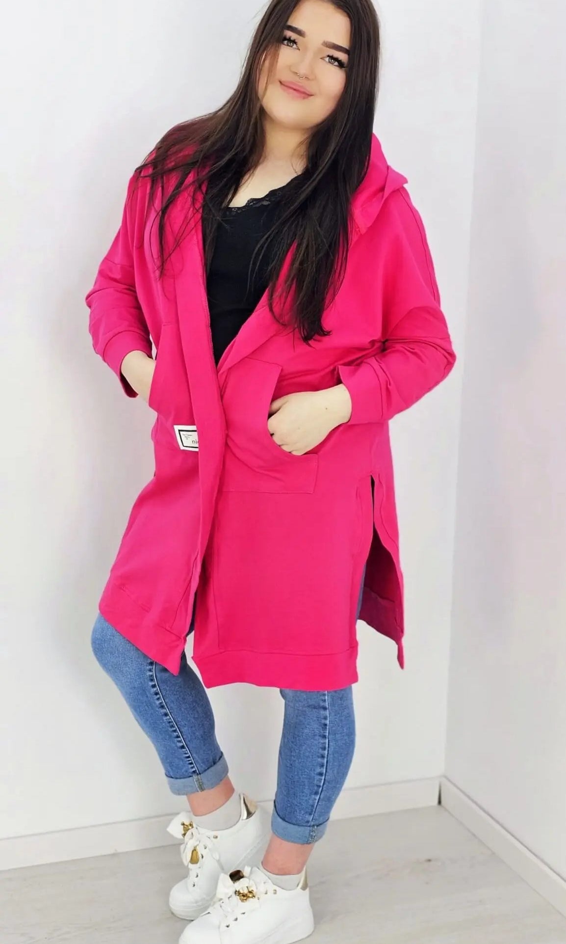 Długie bluzy z kapturem- różowa Stylowa XL