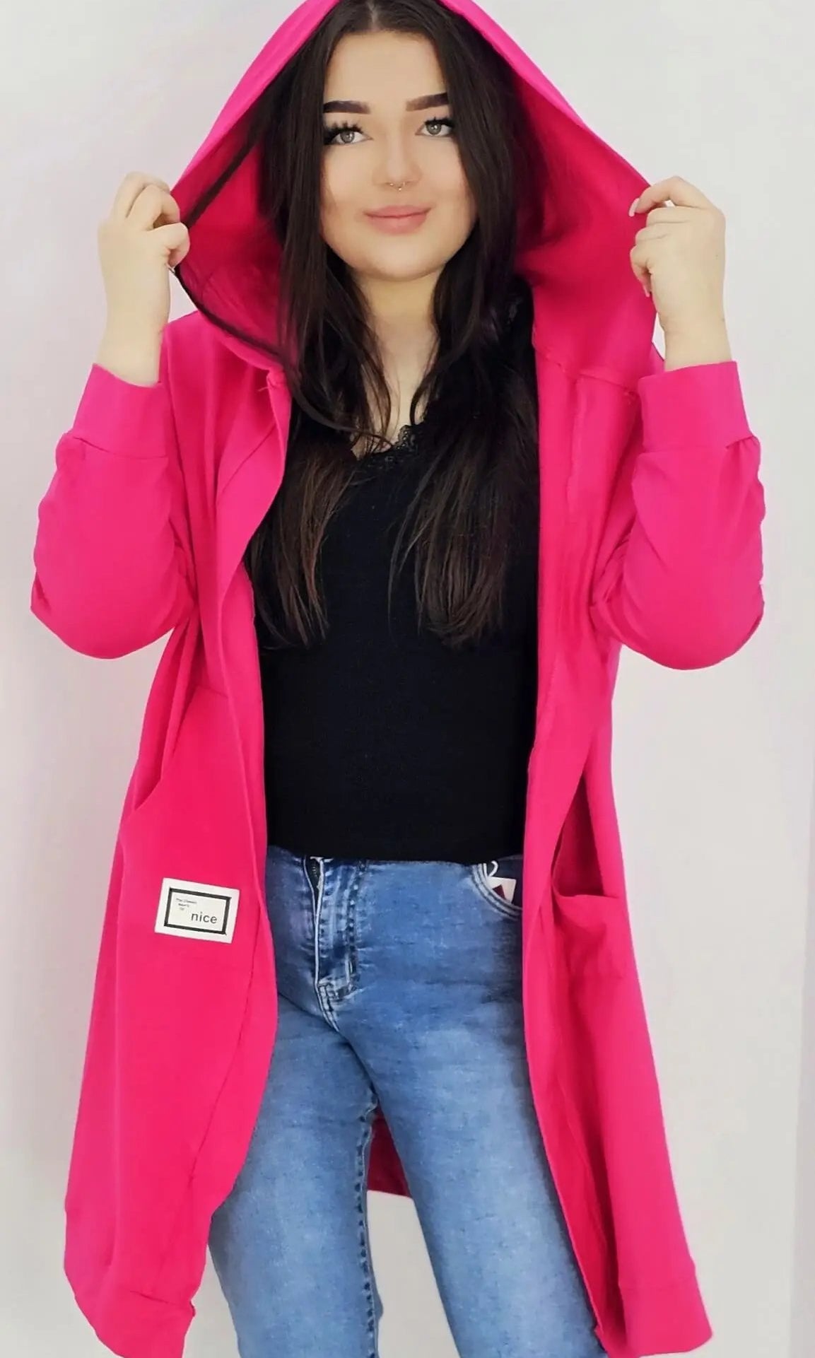 Długie bluzy z kapturem- różowa Stylowa XL