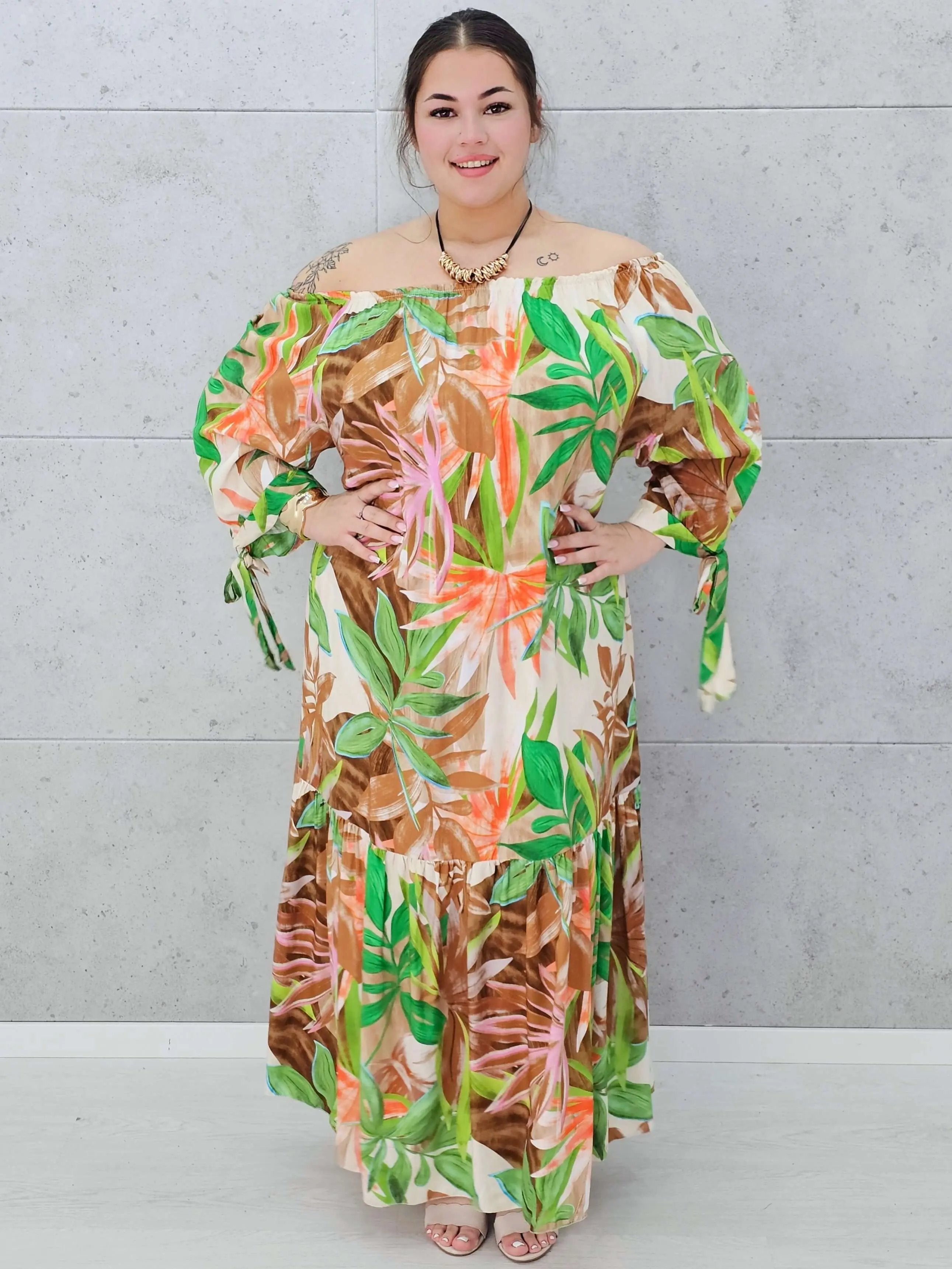 Egzotyczna Sukienka Maxi- Liście Zielone Stylowa XL