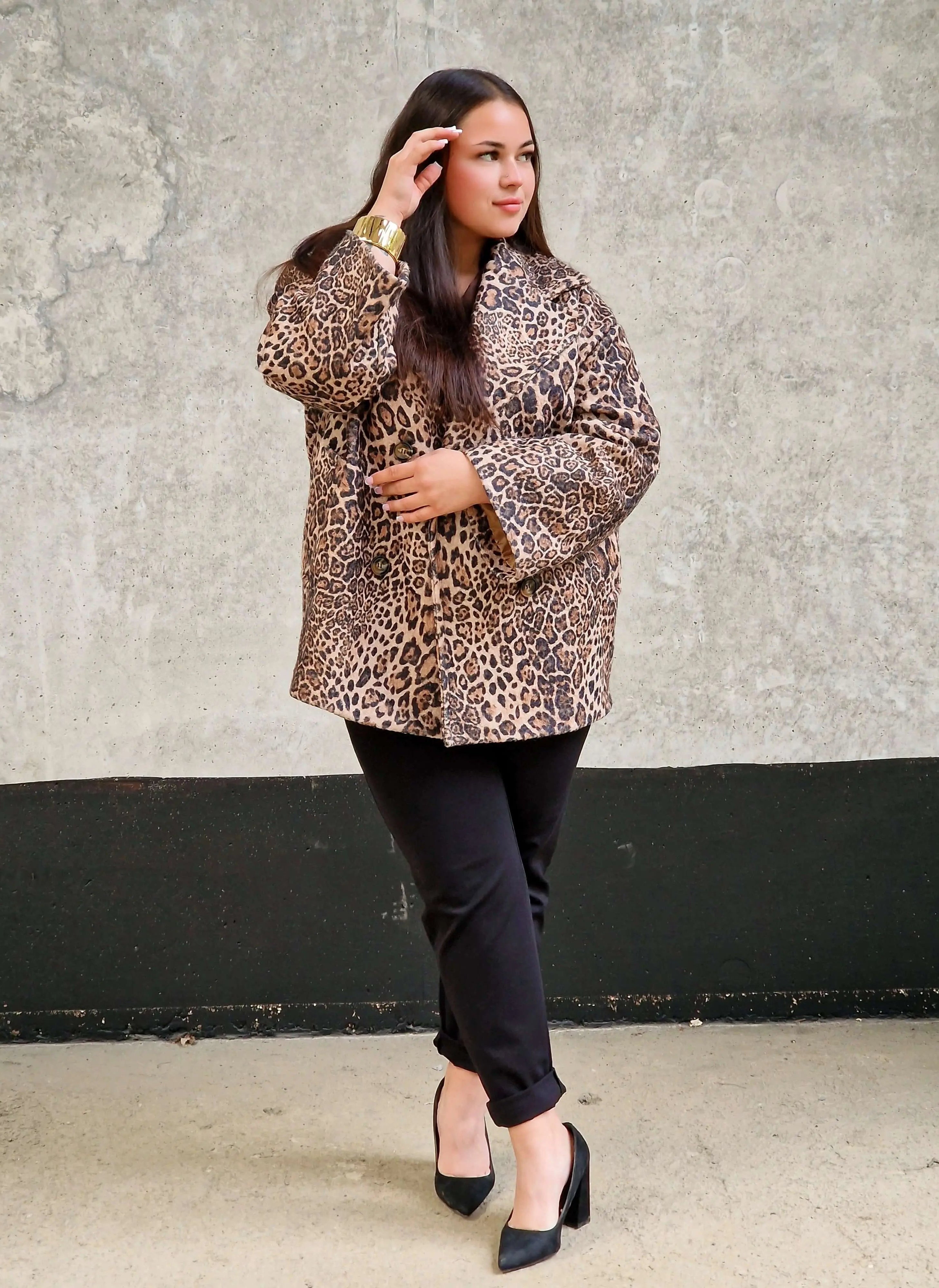 Elegancka długa marynarka - wzór lamparta Stylowa XL