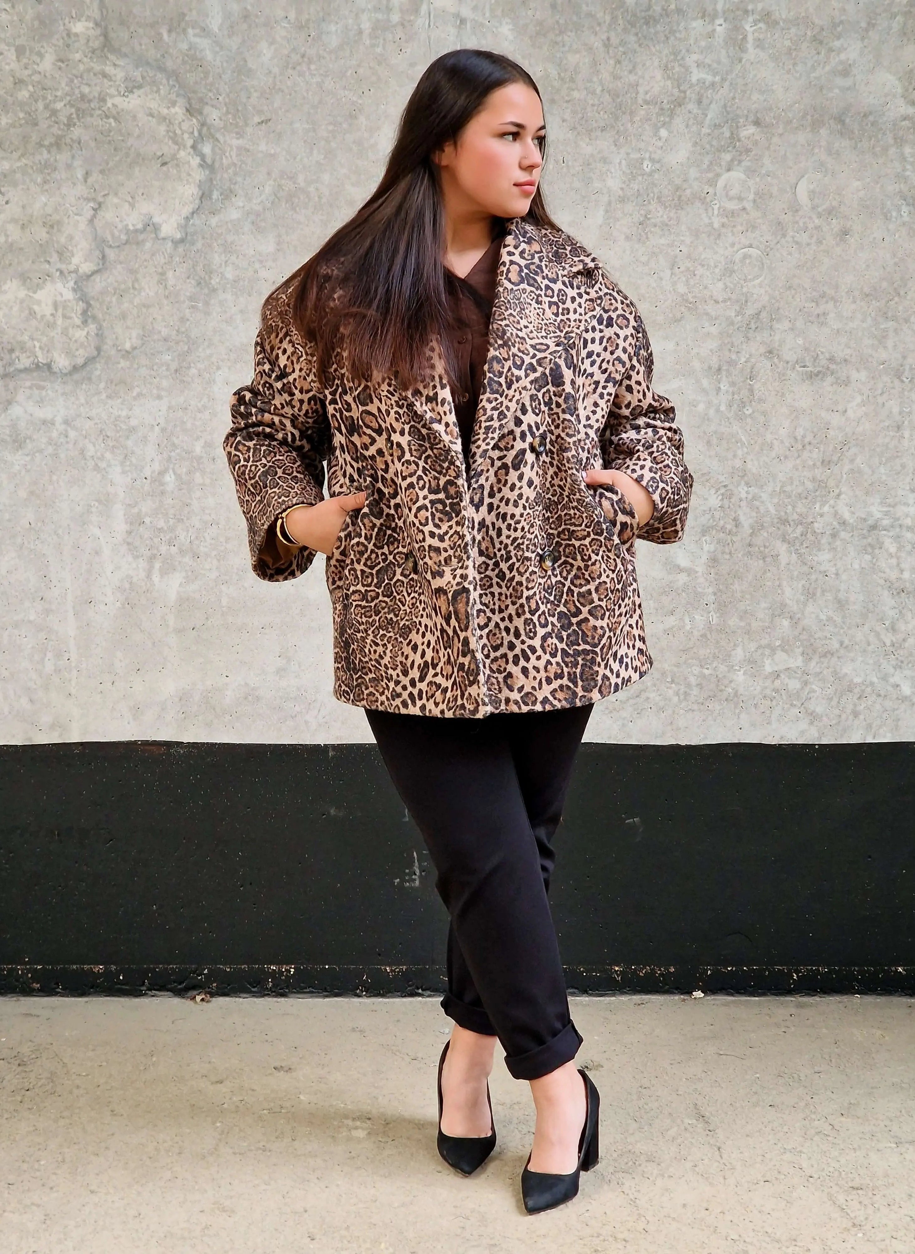 Elegancka długa marynarka - wzór lamparta Stylowa XL