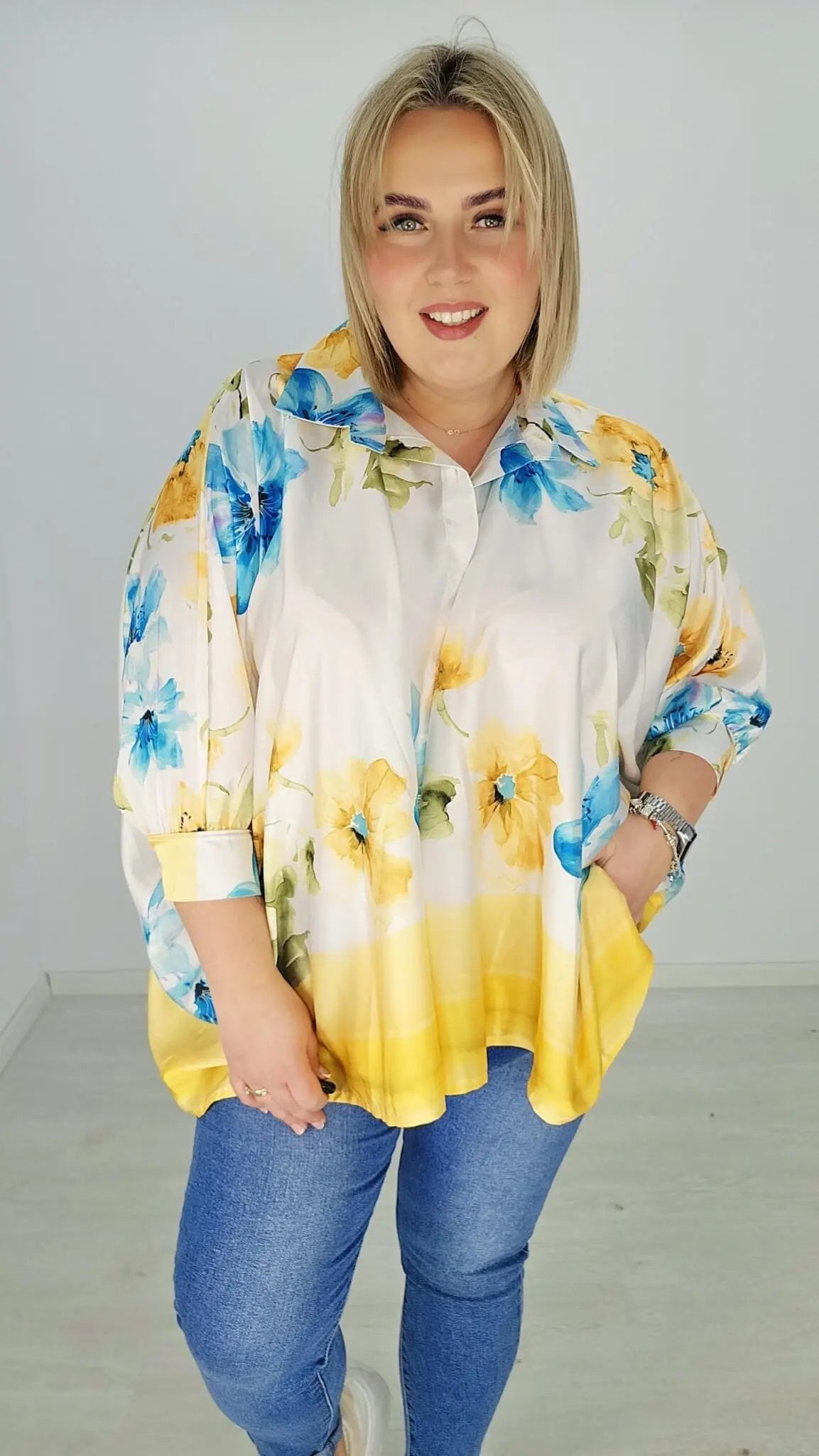 Elegancka koszula z kwiatowym motywem -żółta Stylowa XL