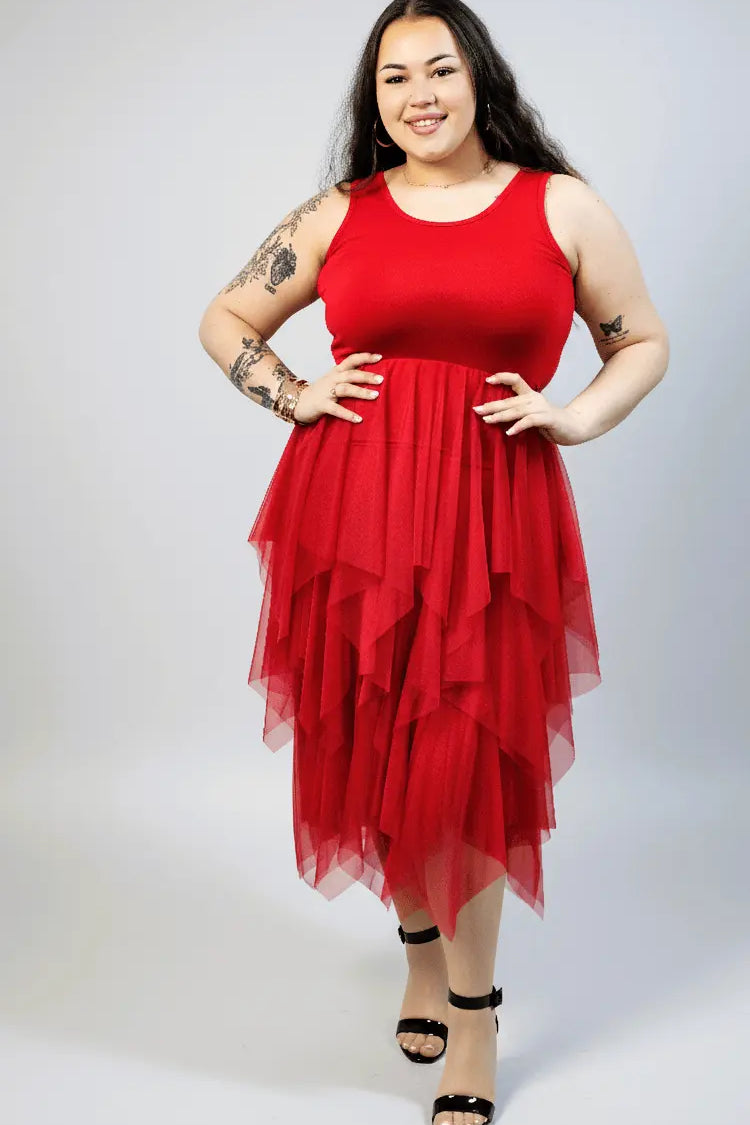 Halka plus size czerwona z tiulem – długa halka XXL z asymetrycznym dołem Stylowa XL