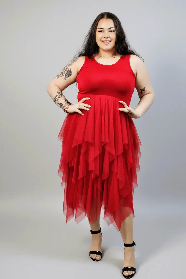 Halka plus size czerwona z tiulem – długa halka XXL z asymetrycznym dołem Stylowa XL