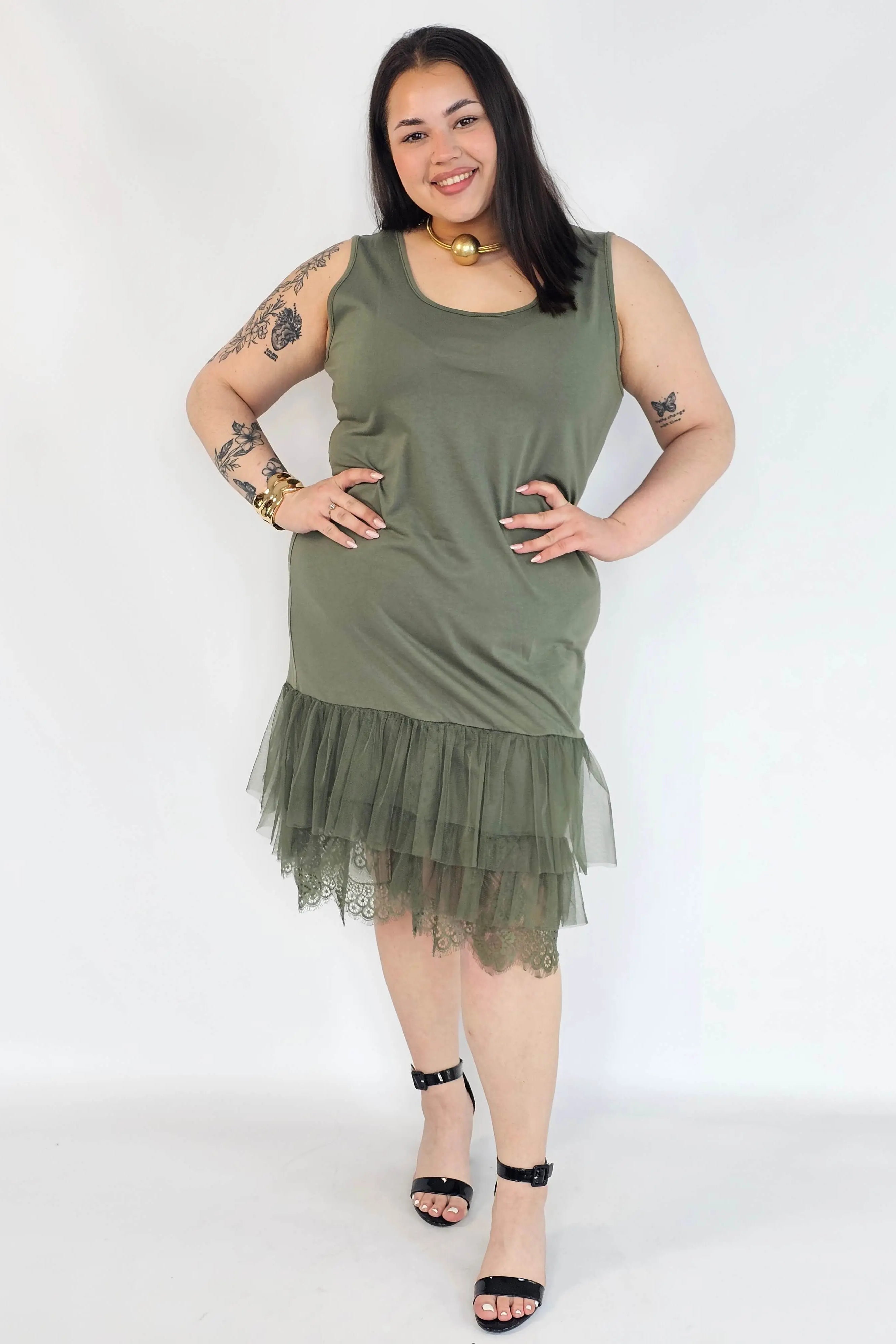 Halka plus size khaki z tiulem i koronką – halka XXL damska Stylowa XL