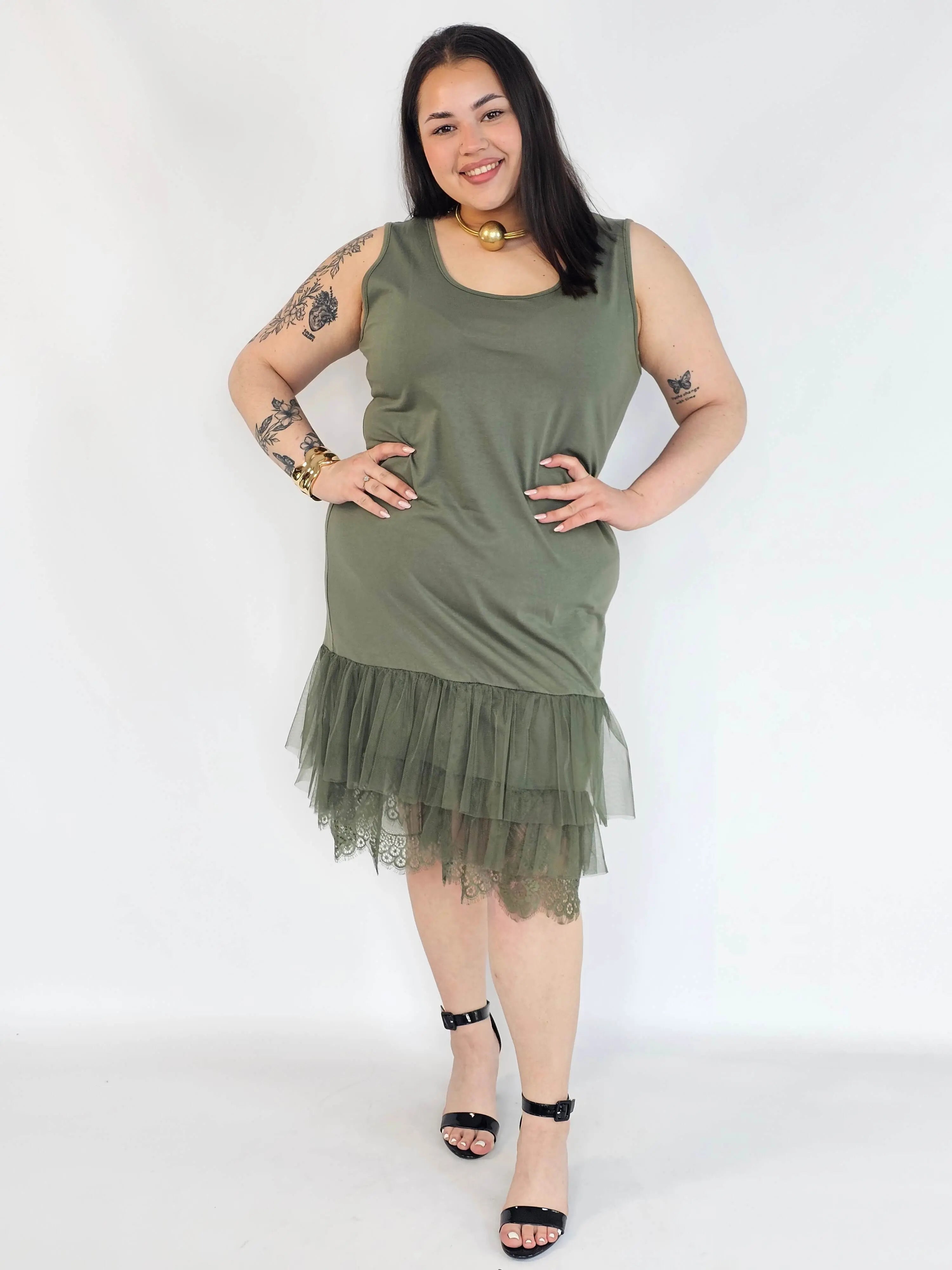 Halka plus size khaki z tiulem i koronką – halka XXL damska Stylowa XL