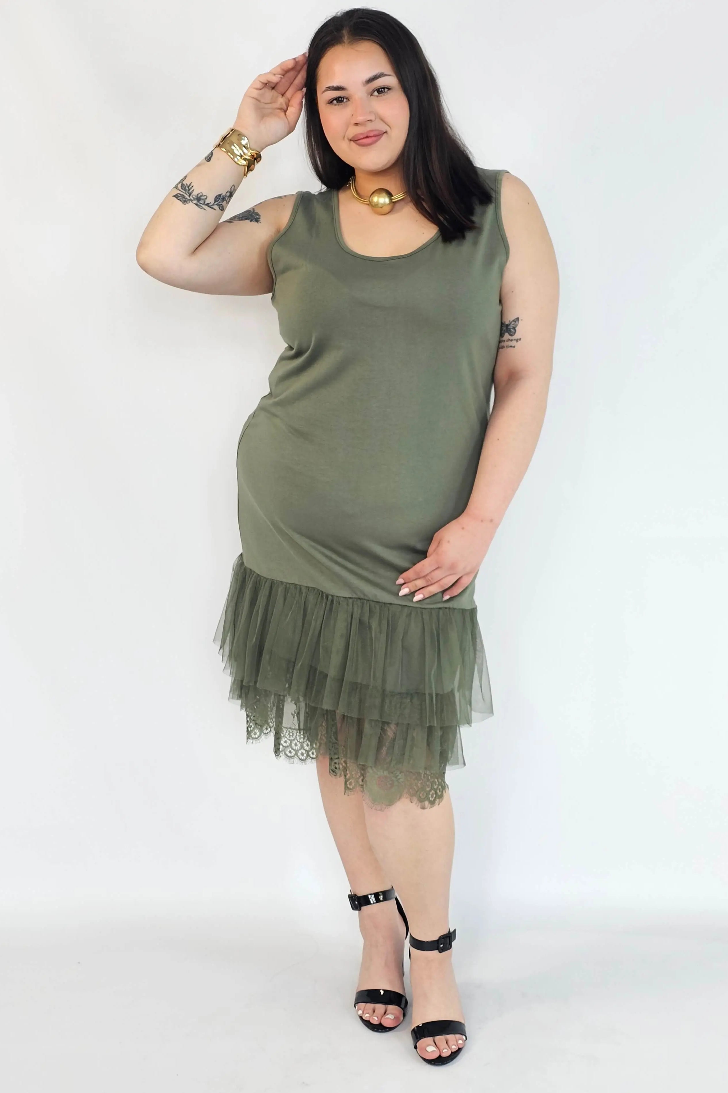 Halka plus size khaki z tiulem i koronką – halka XXL damska Stylowa XL
