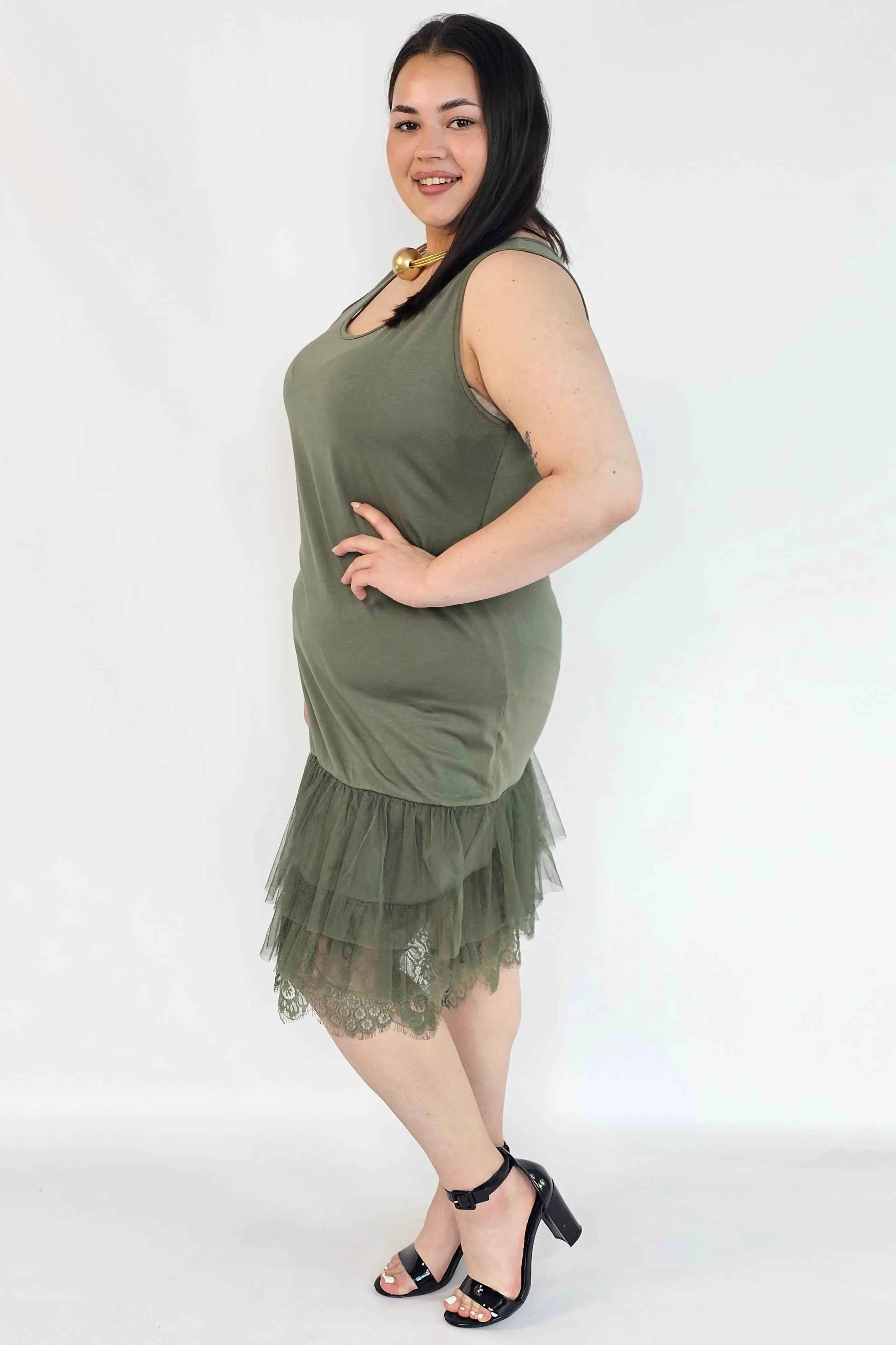 Halka plus size khaki z tiulem i koronką – halka XXL damska Stylowa XL