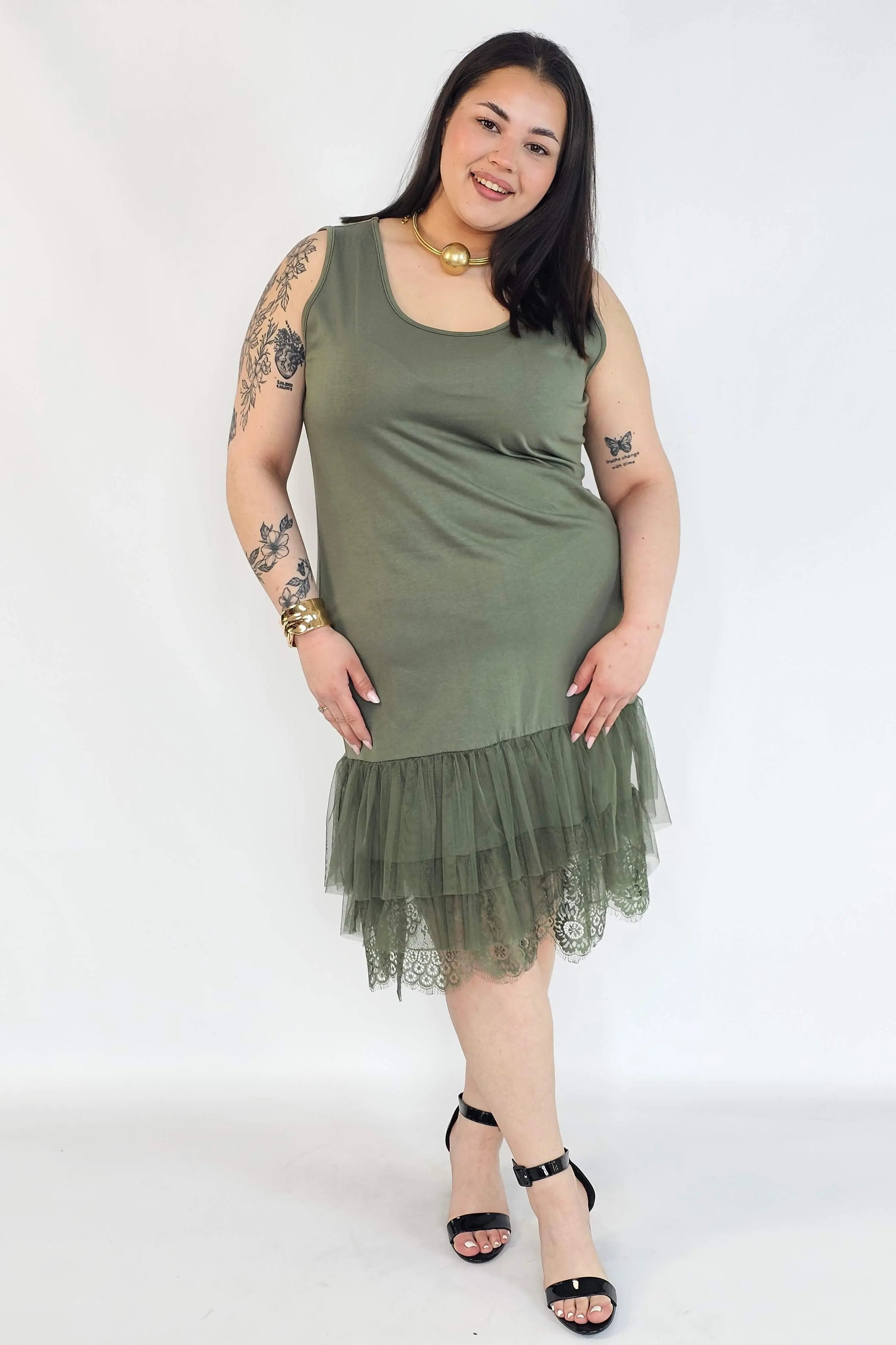 Halka plus size khaki z tiulem i koronką – halka XXL damska Stylowa XL