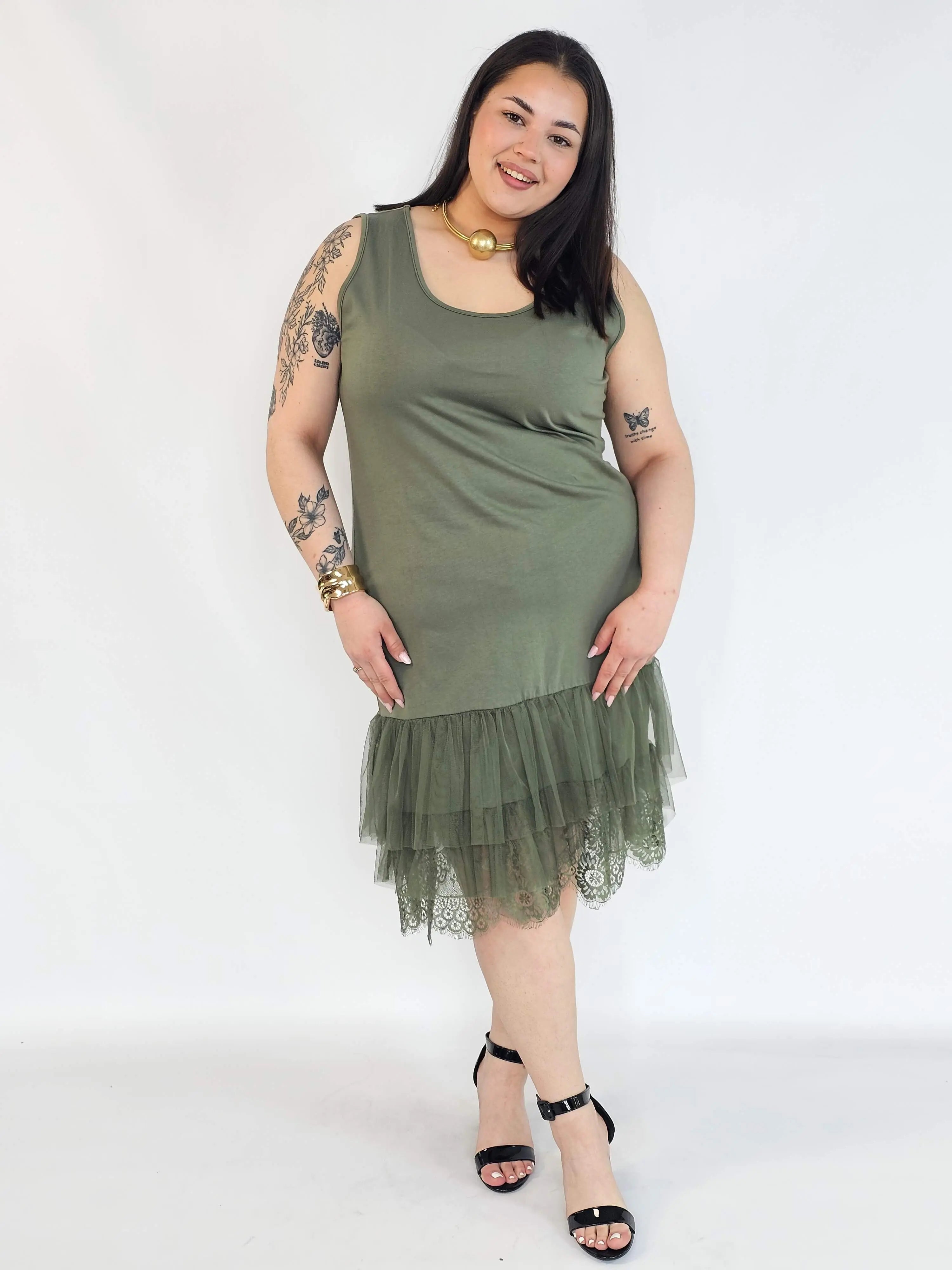 Halka plus size khaki z tiulem i koronką – halka XXL damska Stylowa XL