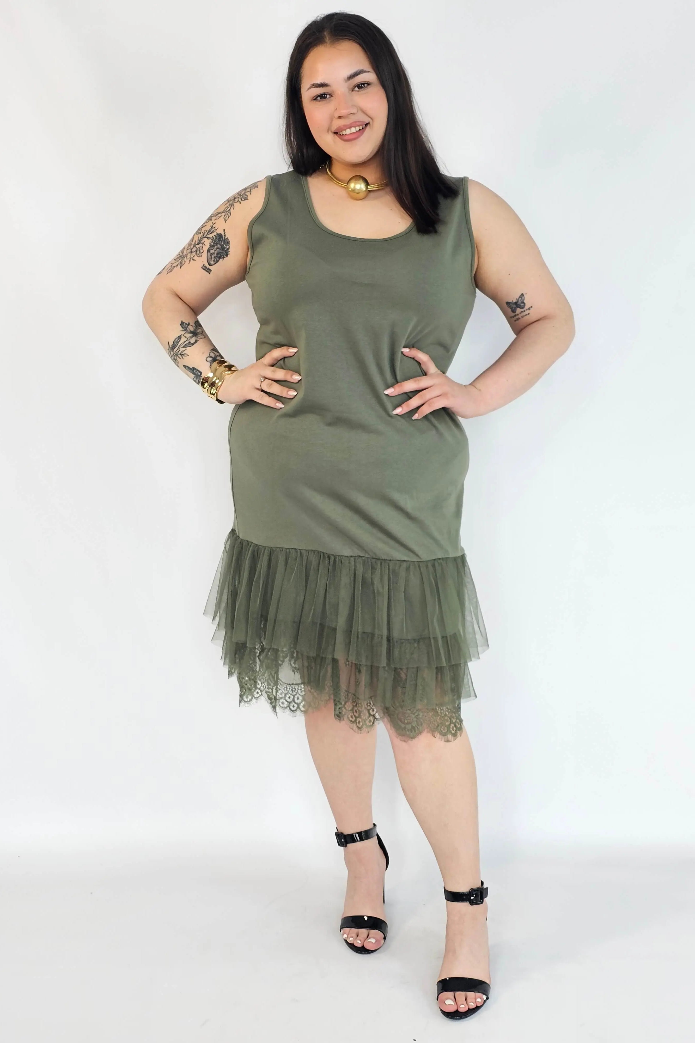 Halka plus size khaki z tiulem i koronką – halka XXL damska Stylowa XL