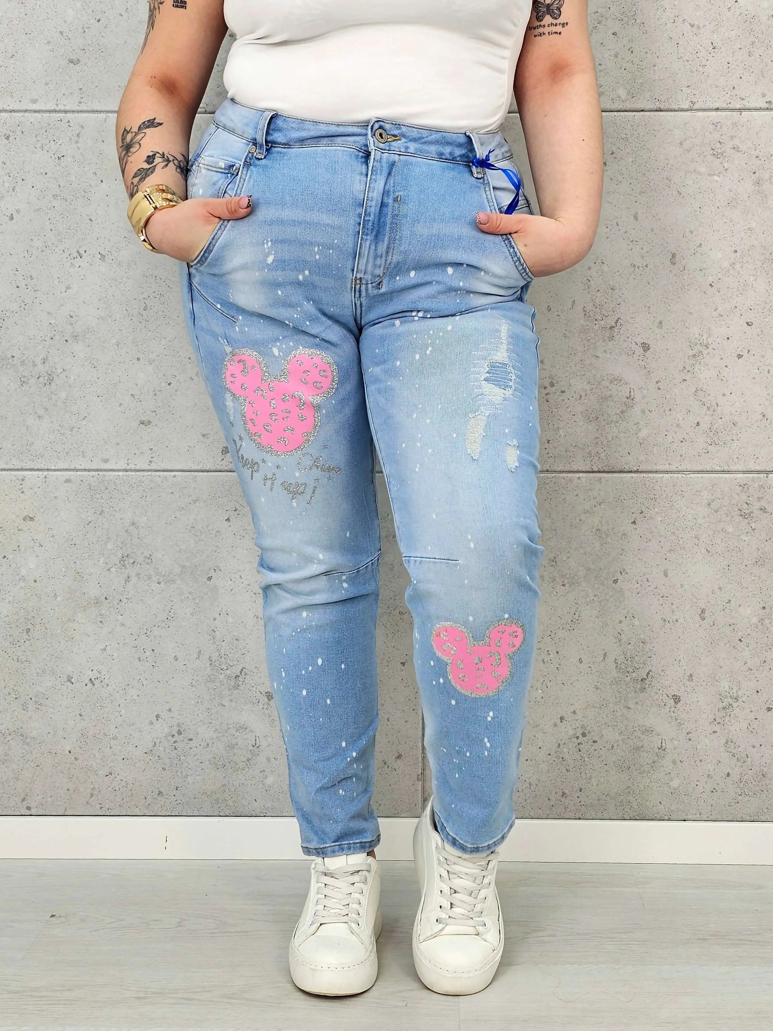 Jeansy Plus Size Elastyczne z Aplikacją – Brokat, Luźny Krój, Komfort XXL Stylowa XL