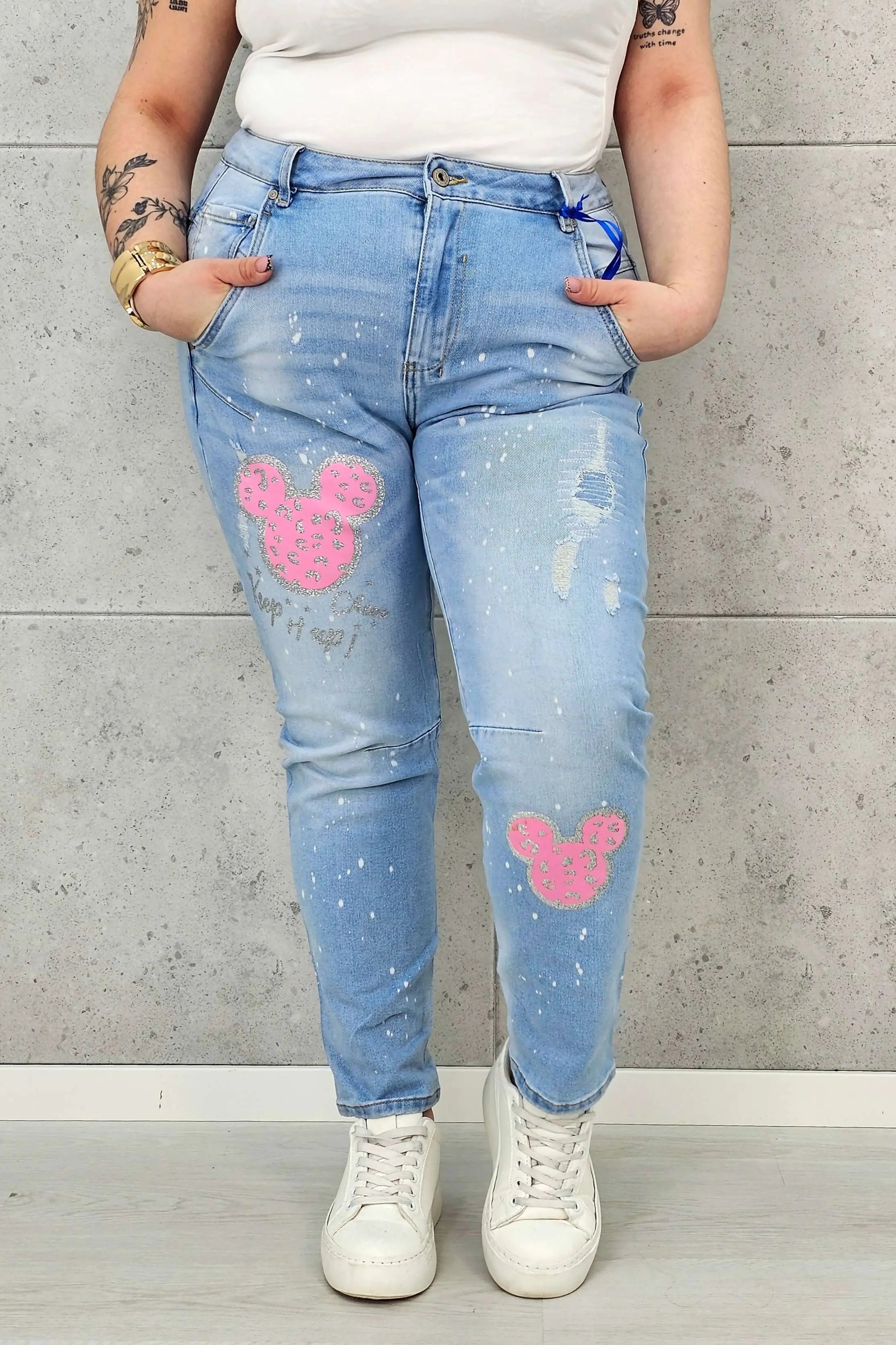 Jeansy Plus Size Elastyczne z Aplikacją – Brokat, Luźny Krój, Komfort XXL Stylowa XL