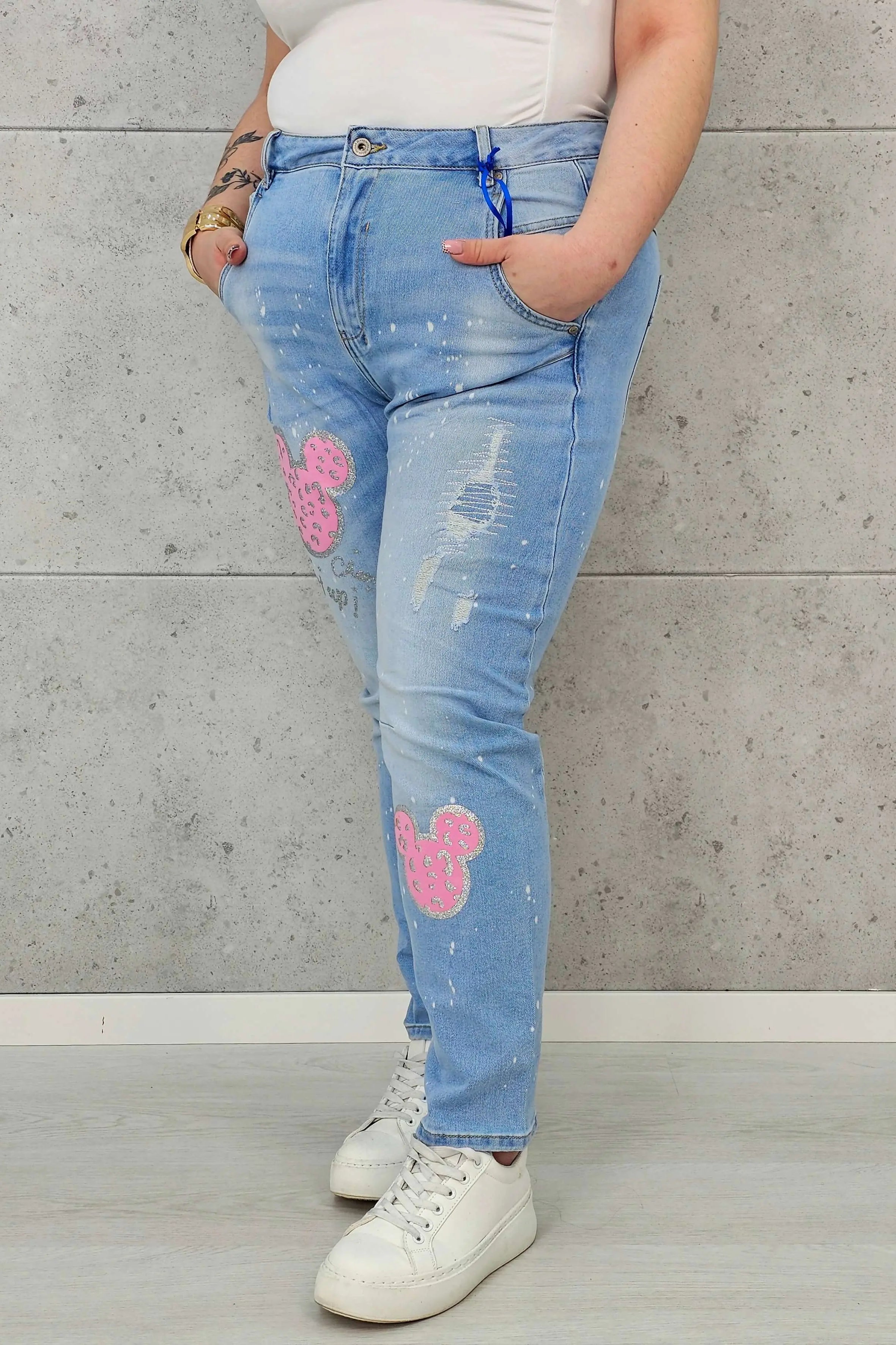 Jeansy Plus Size Elastyczne z Aplikacją – Brokat, Luźny Krój, Komfort XXL Stylowa XL