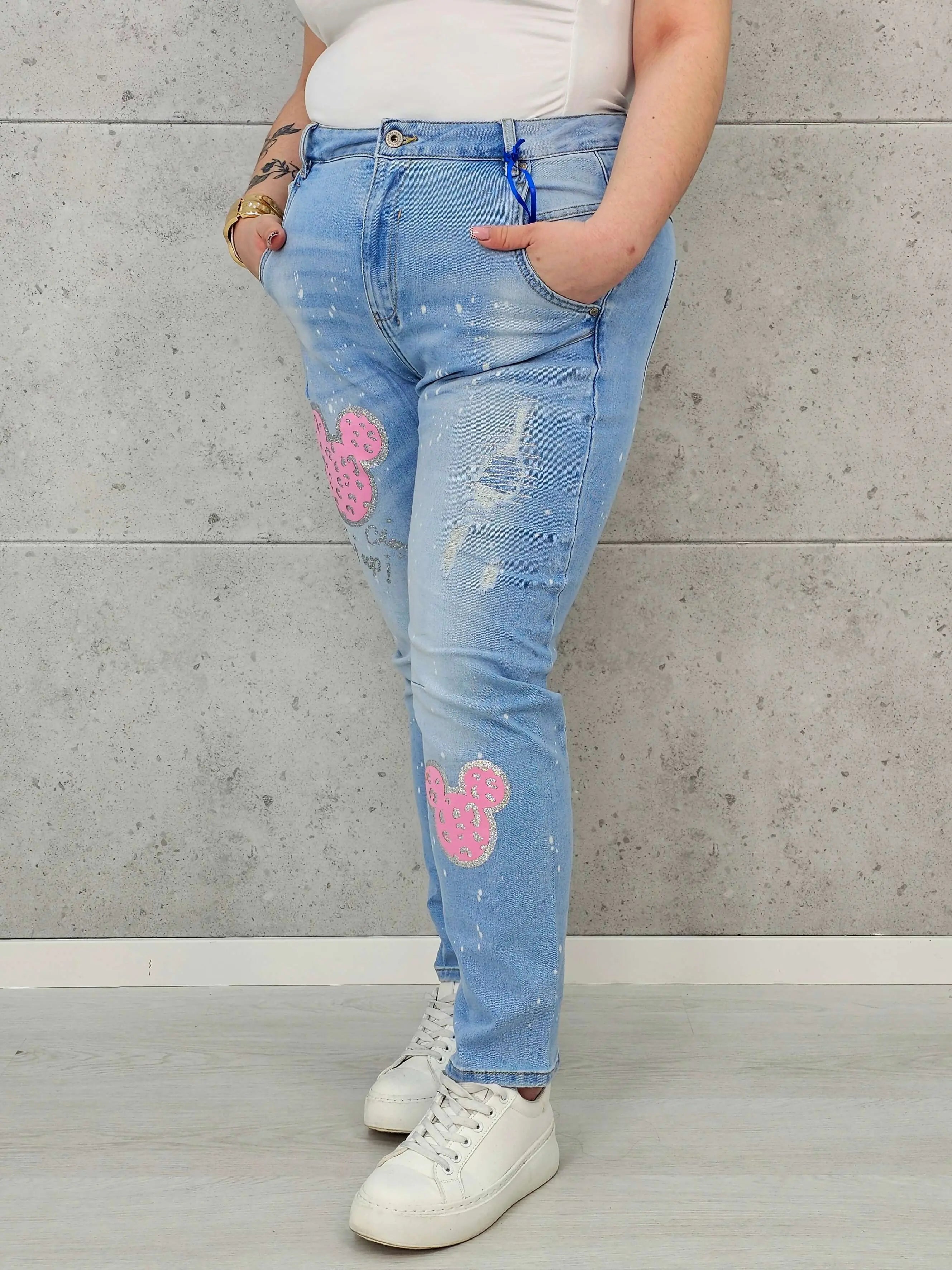 Jeansy Plus Size Elastyczne z Aplikacją – Brokat, Luźny Krój, Komfort XXL Stylowa XL