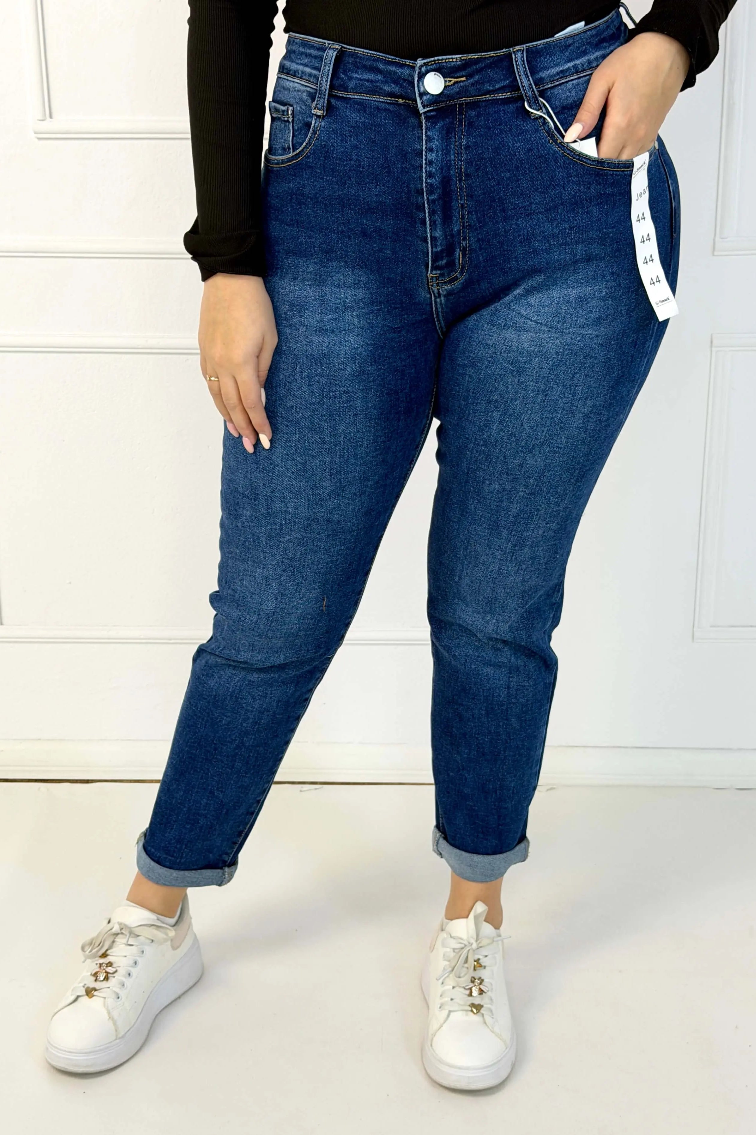 Jeansy plus size G-Smack mom fit XXL – granatowy denim z haftowanym kwiatem Stylowa XL