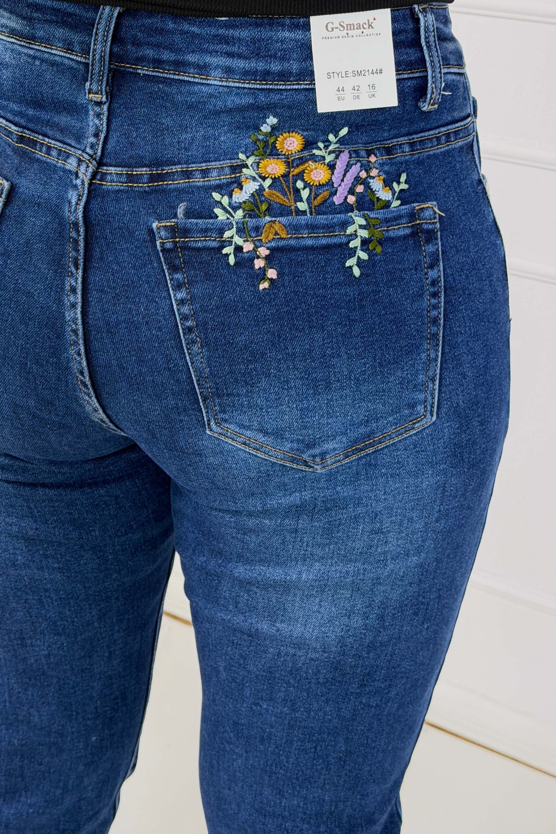 Jeansy plus size G-Smack mom fit XXL – granatowy denim z haftowanym kwiatem Stylowa XL