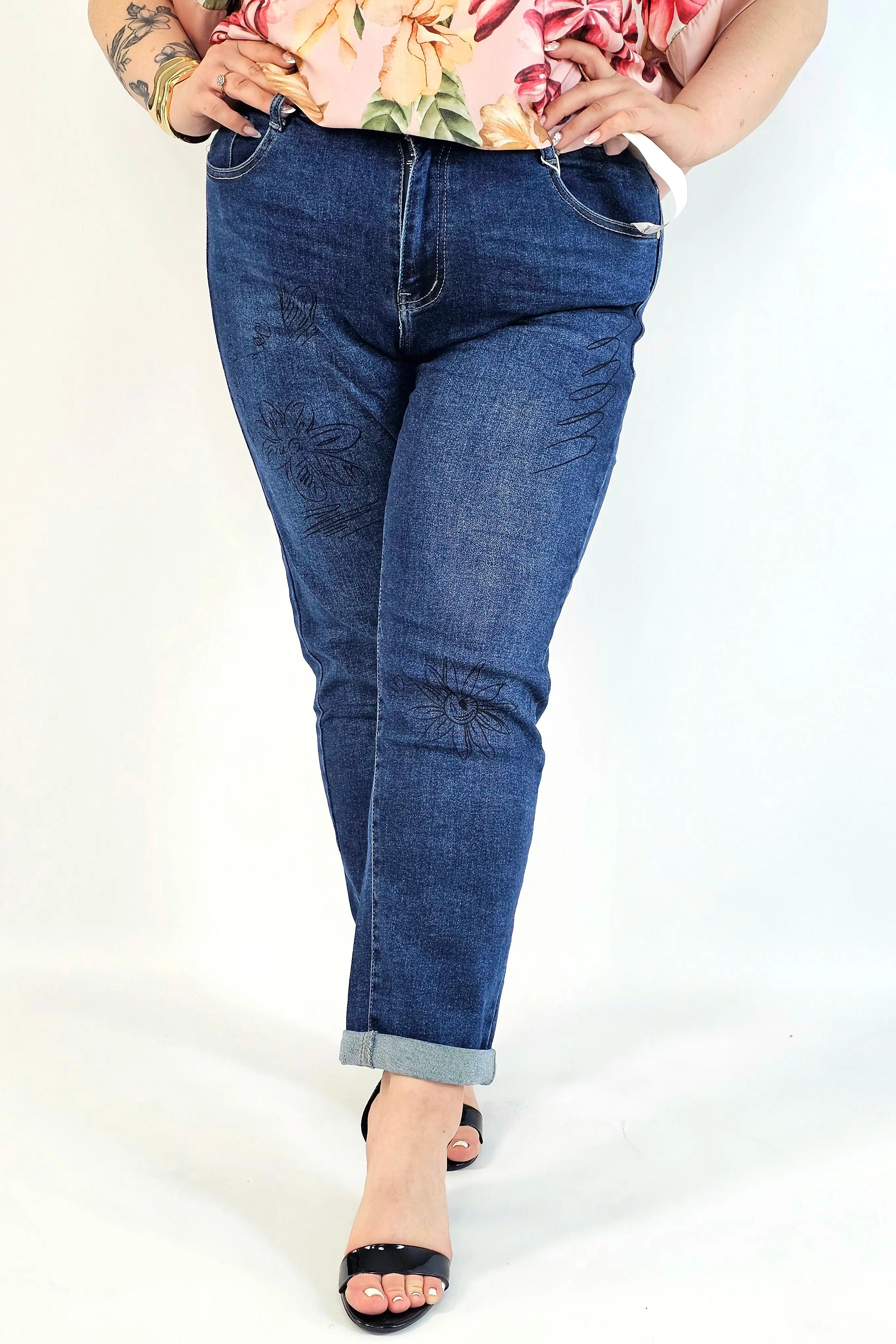 Jeansy plus size G'Smack mom fit XXL z nadrukiem – granatowy denim Stylowa XL