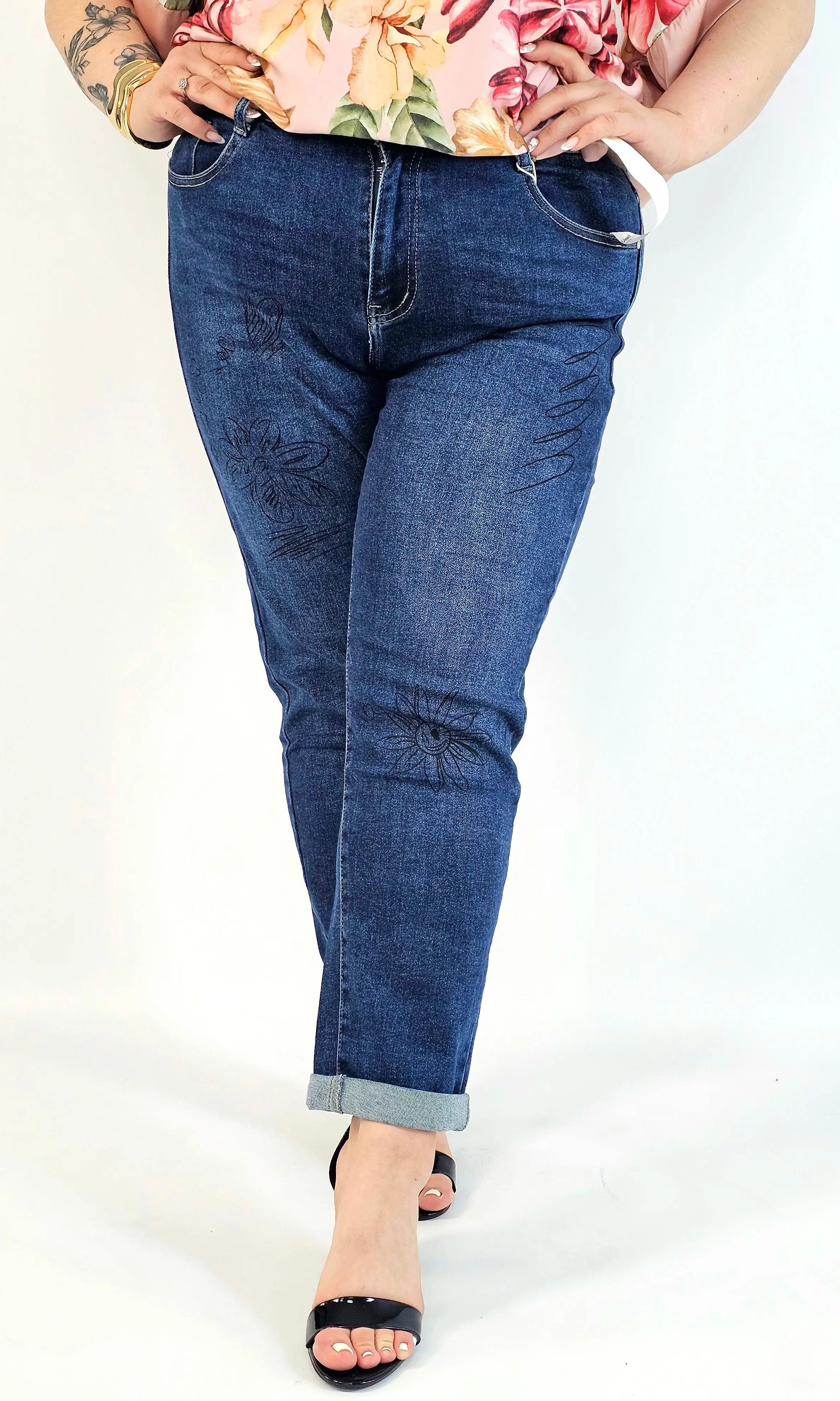 Jeansy plus size G'Smack mom fit XXL z nadrukiem – granatowy denim Stylowa XL