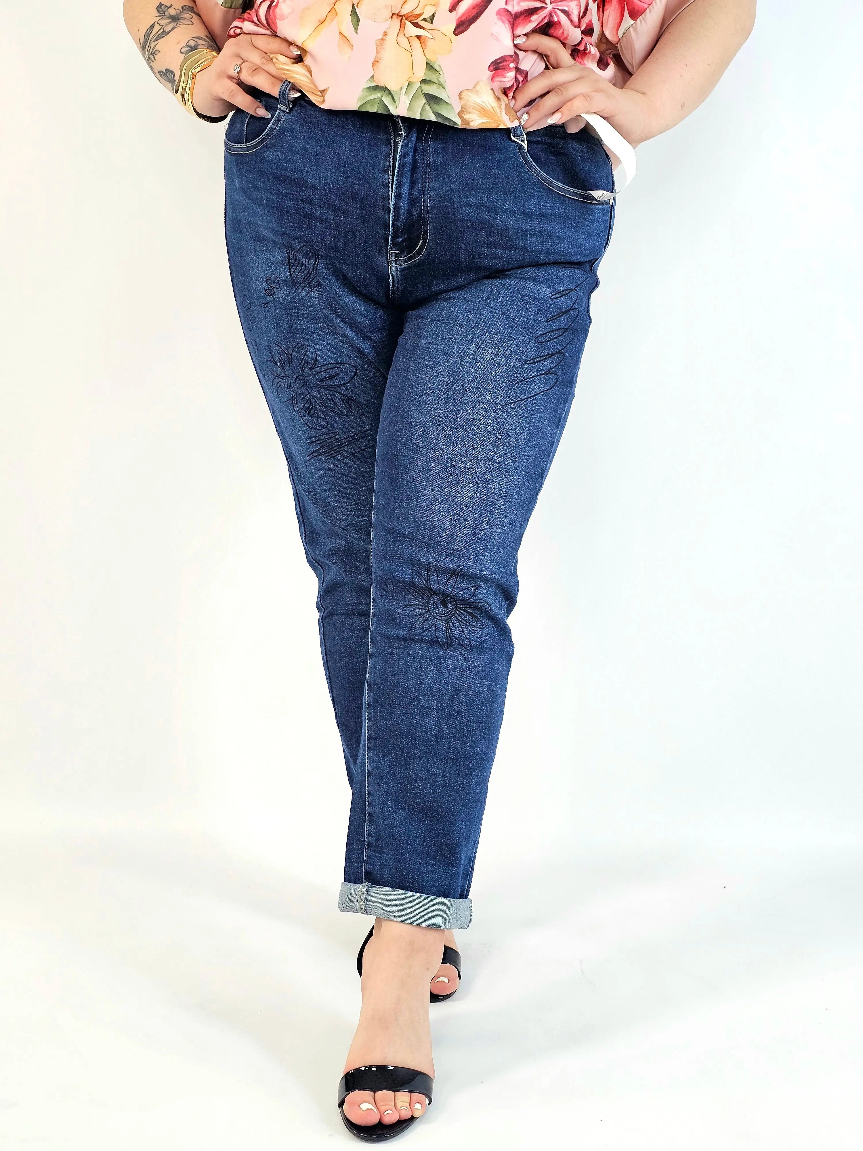 Jeansy plus size G'Smack mom fit XXL z nadrukiem – granatowy denim Stylowa XL