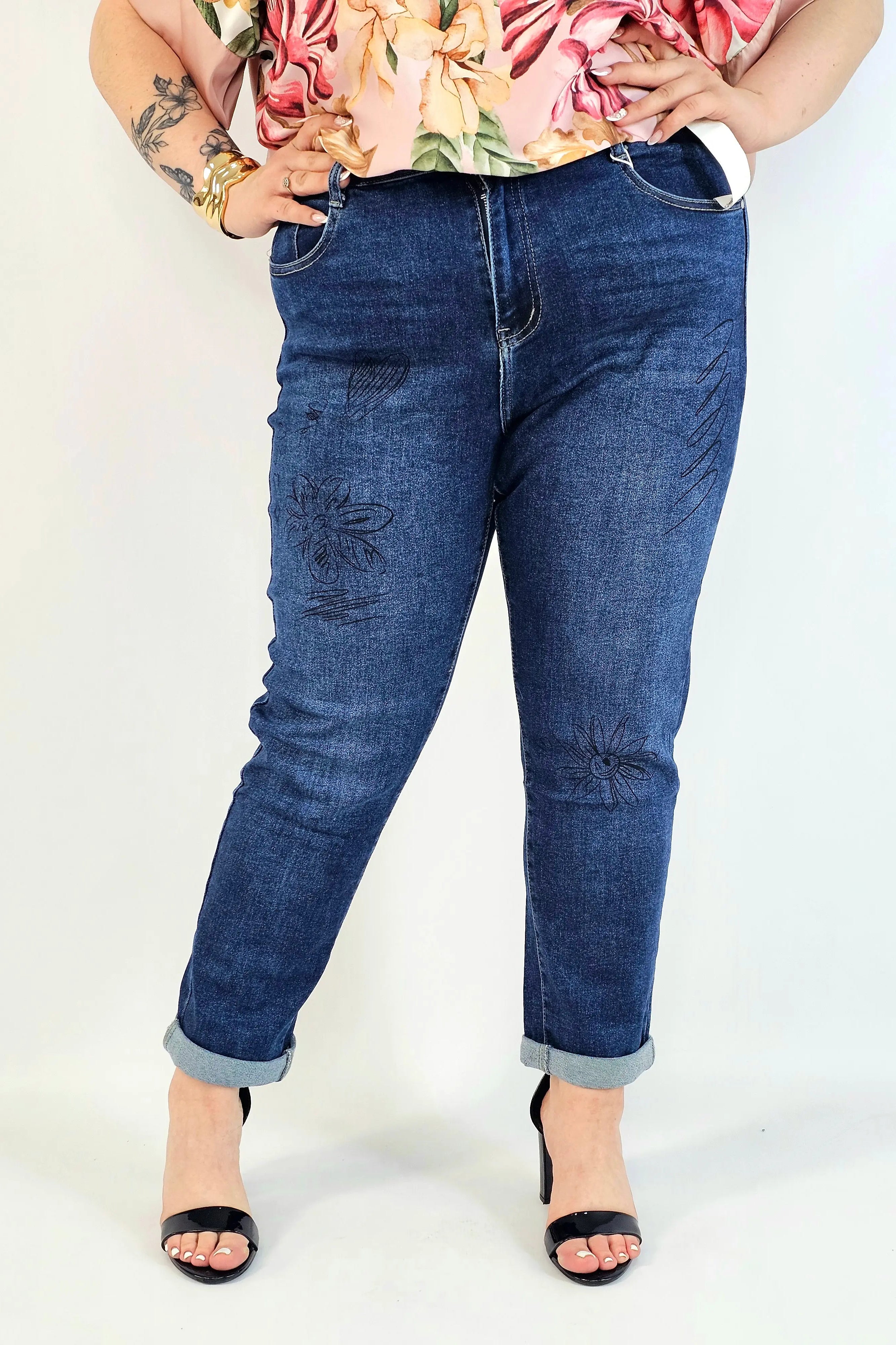 Jeansy plus size G'Smack mom fit XXL z nadrukiem – granatowy denim Stylowa XL