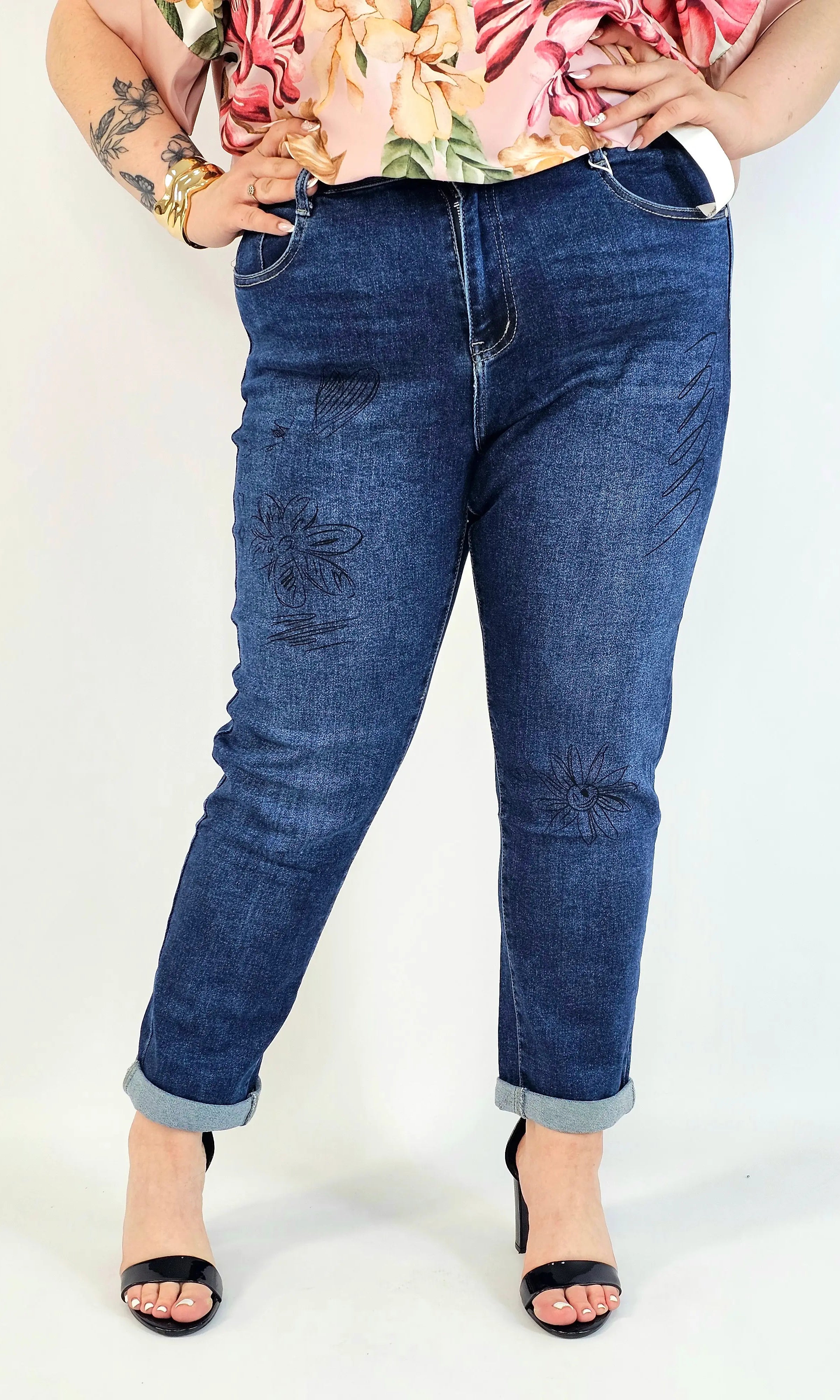 Jeansy plus size G'Smack mom fit XXL z nadrukiem – granatowy denim Stylowa XL
