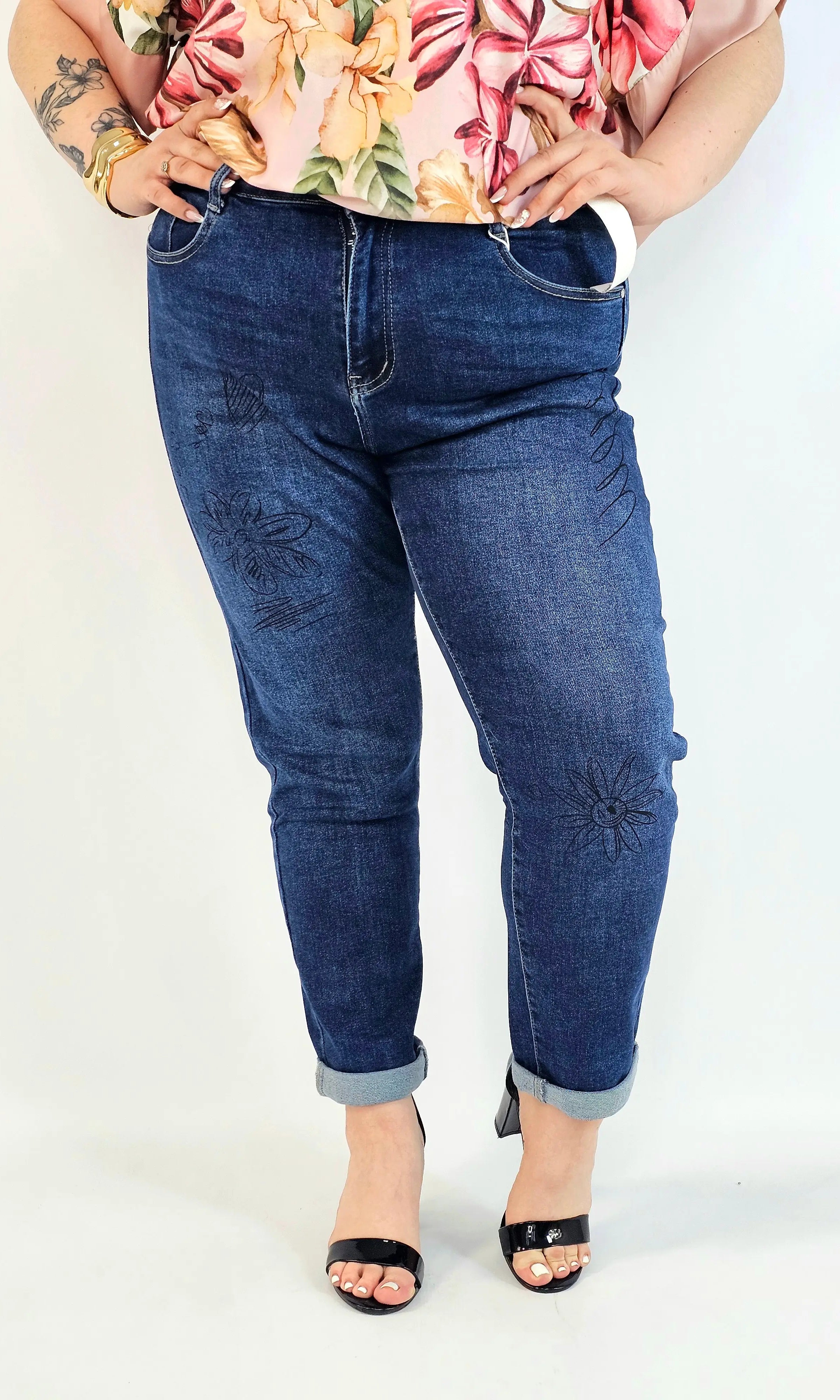 Jeansy plus size G'Smack mom fit XXL z nadrukiem – granatowy denim Stylowa XL