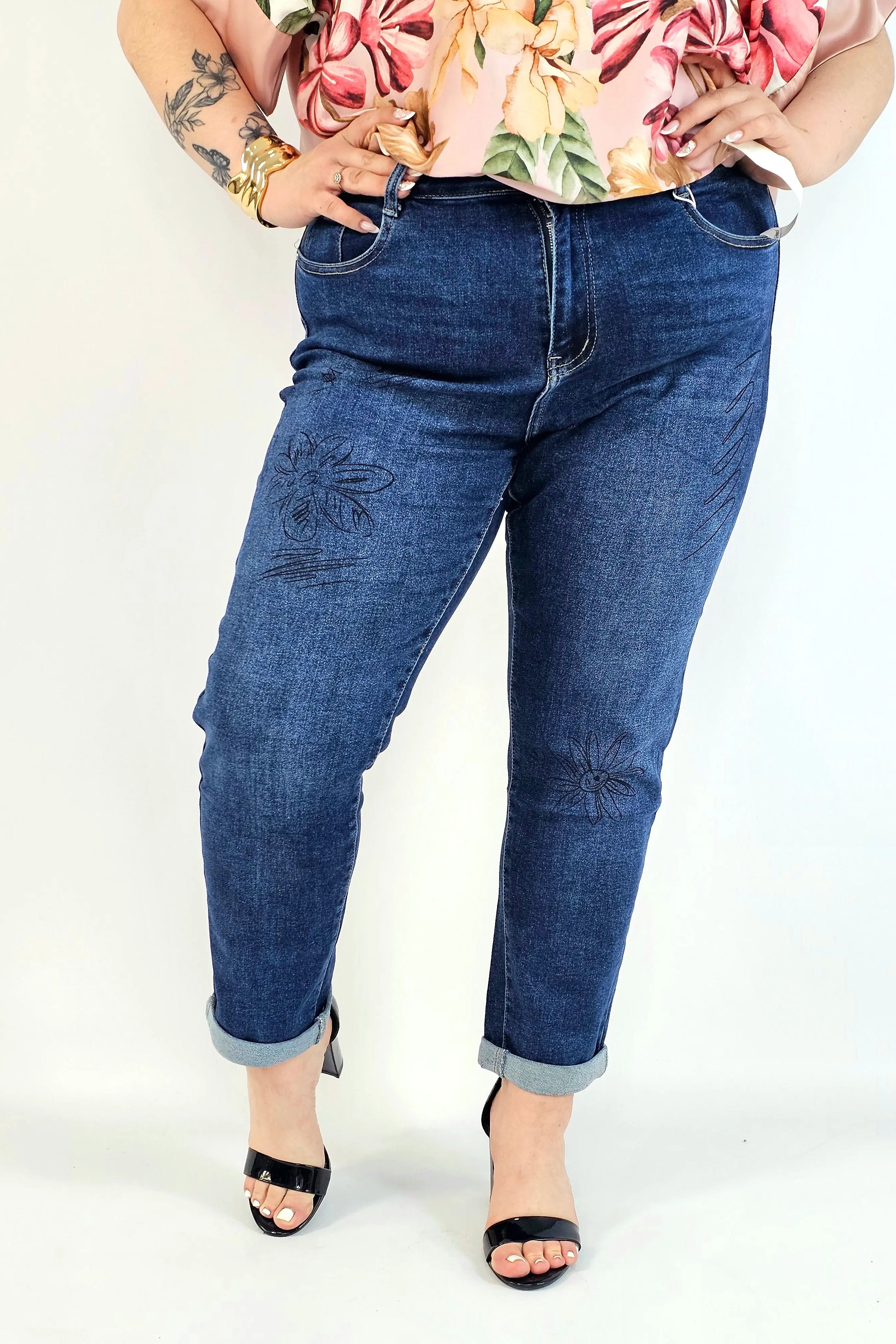 Jeansy plus size G'Smack mom fit XXL z nadrukiem – granatowy denim Stylowa XL