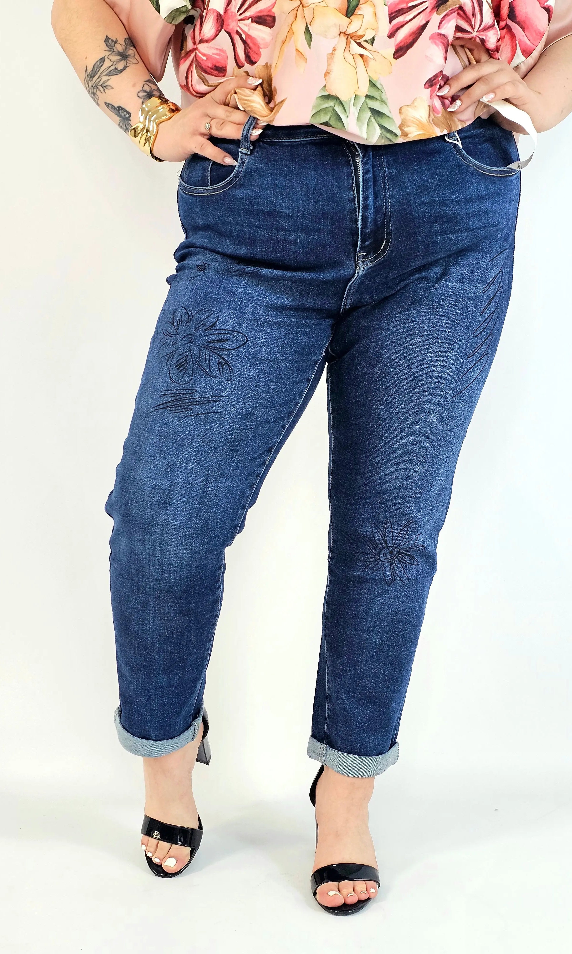 Jeansy plus size G'Smack mom fit XXL z nadrukiem – granatowy denim Stylowa XL