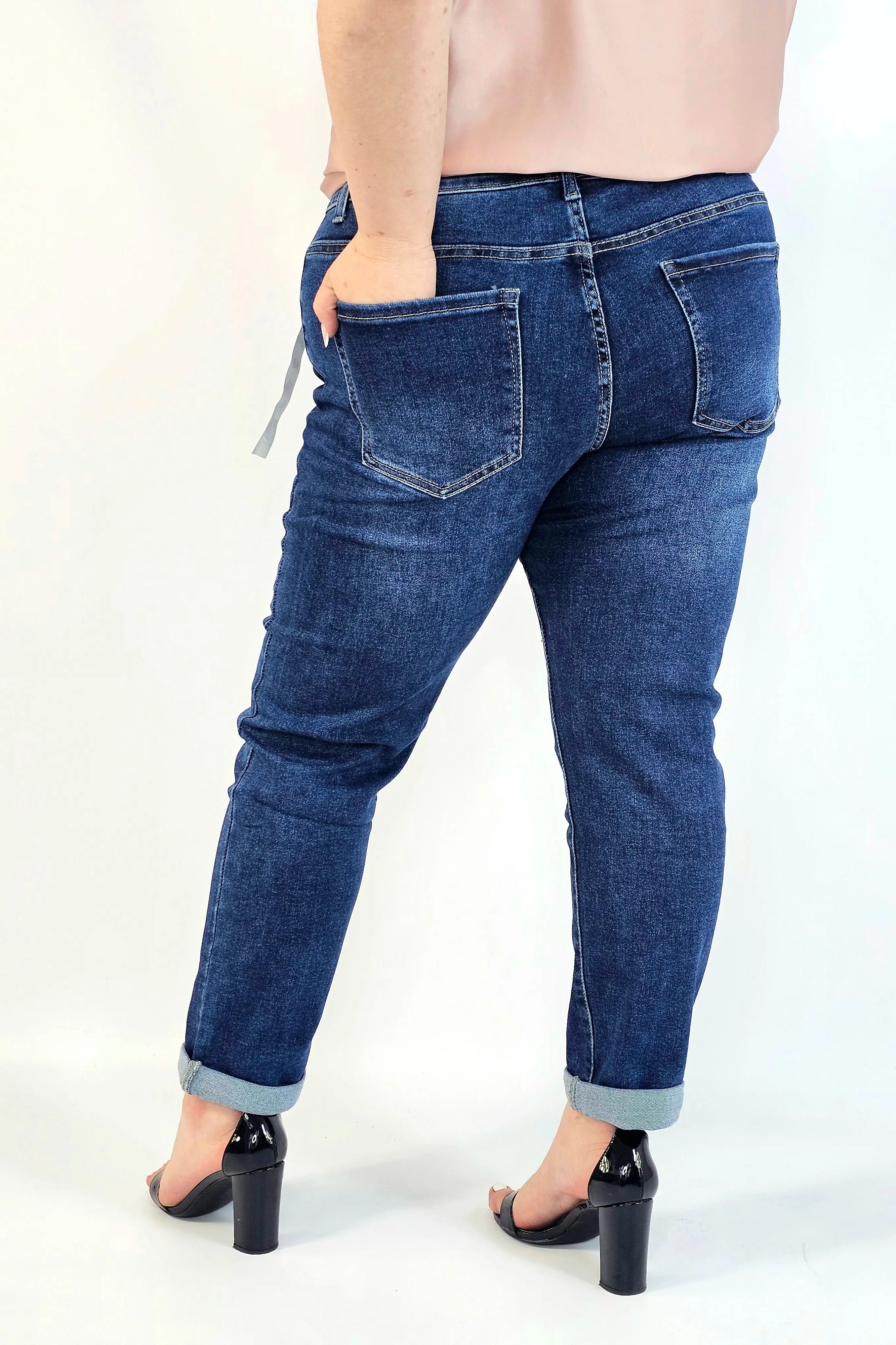 Jeansy plus size G'Smack mom fit XXL z nadrukiem – granatowy denim Stylowa XL