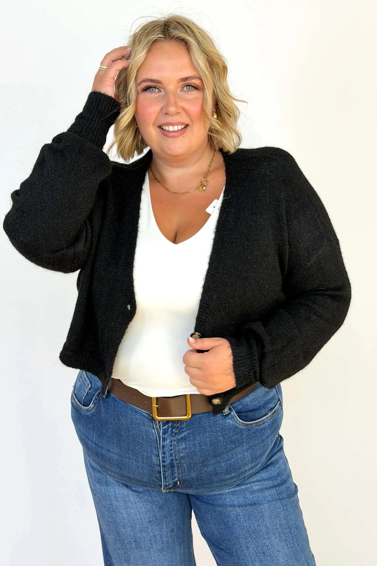 Kardigan damski plus size z guzikiem – miękki krótki sweter Stylowa XL