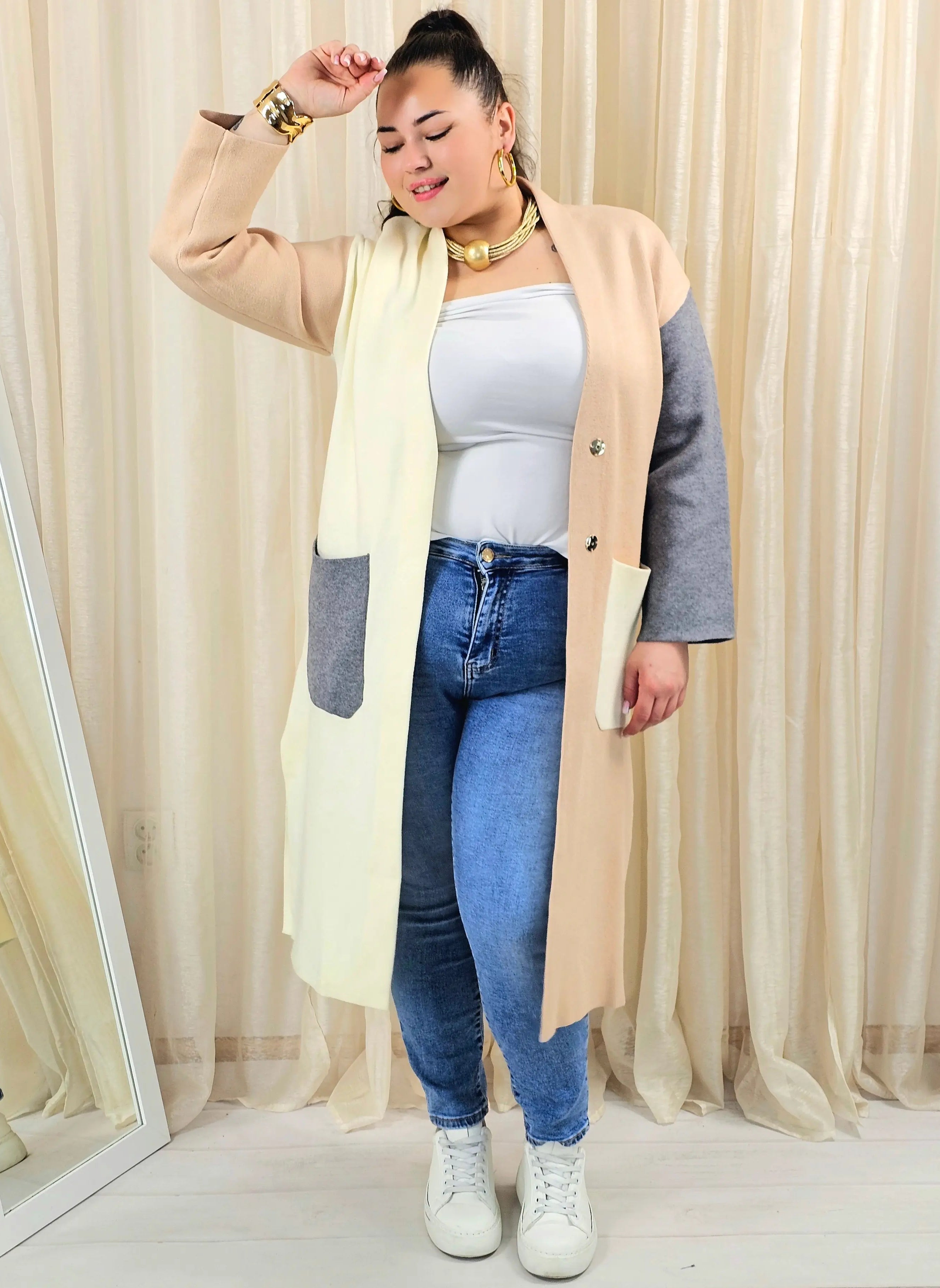 Kardigan plus size długi z kieszeniami – trójkolorowy Stylowa XL