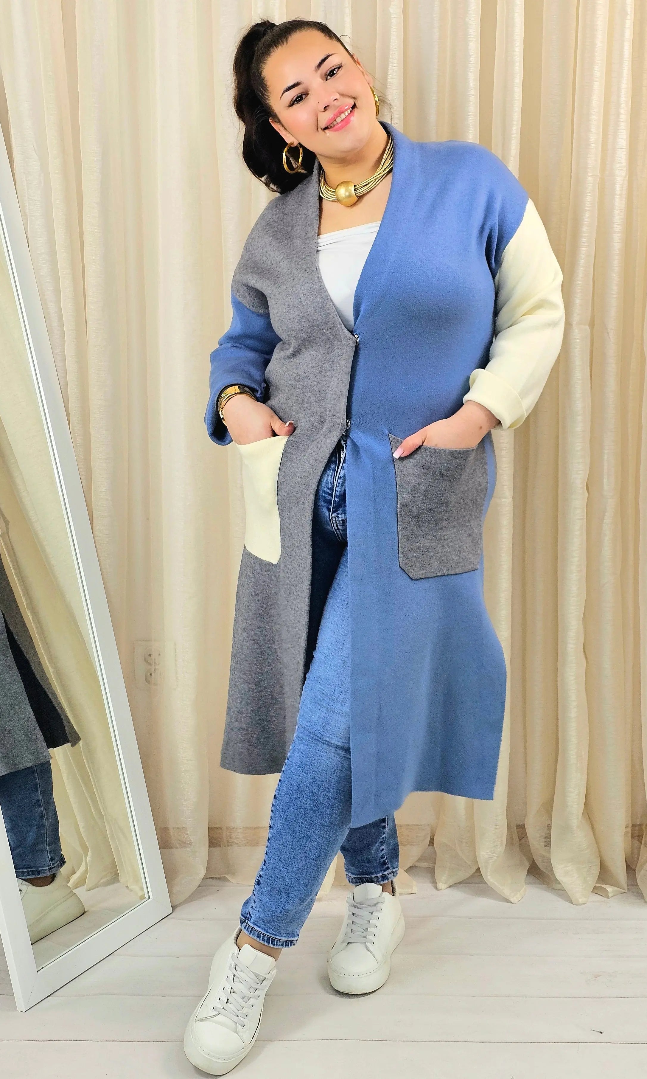 Kardigan plus size długi z kieszeniami – trójkolorowy Stylowa XL