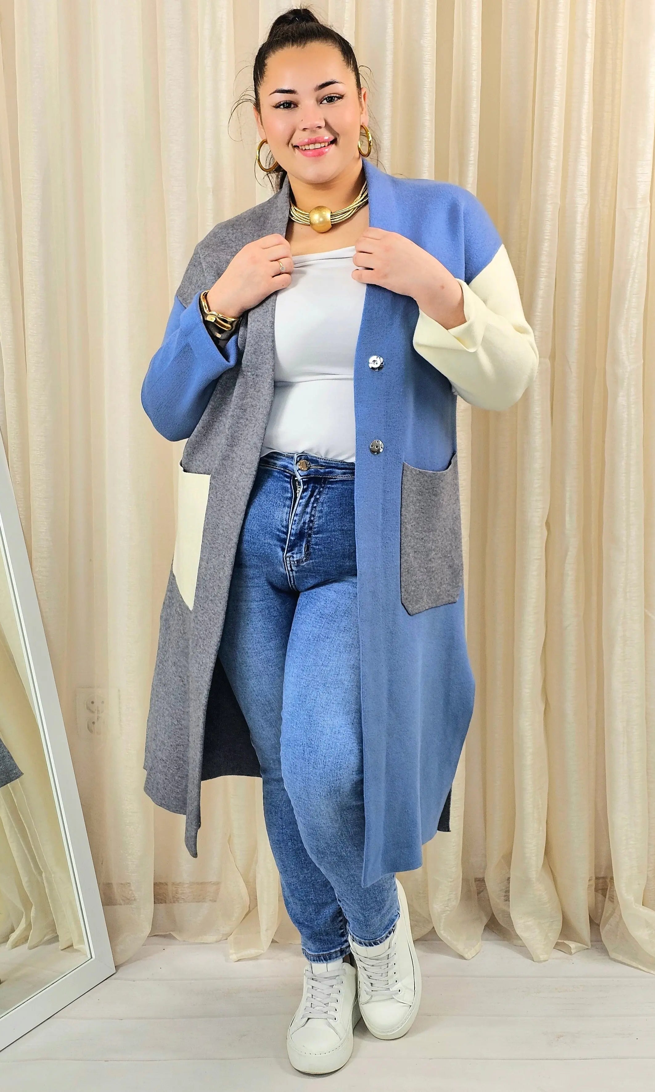 Kardigan plus size długi z kieszeniami – trójkolorowy Stylowa XL